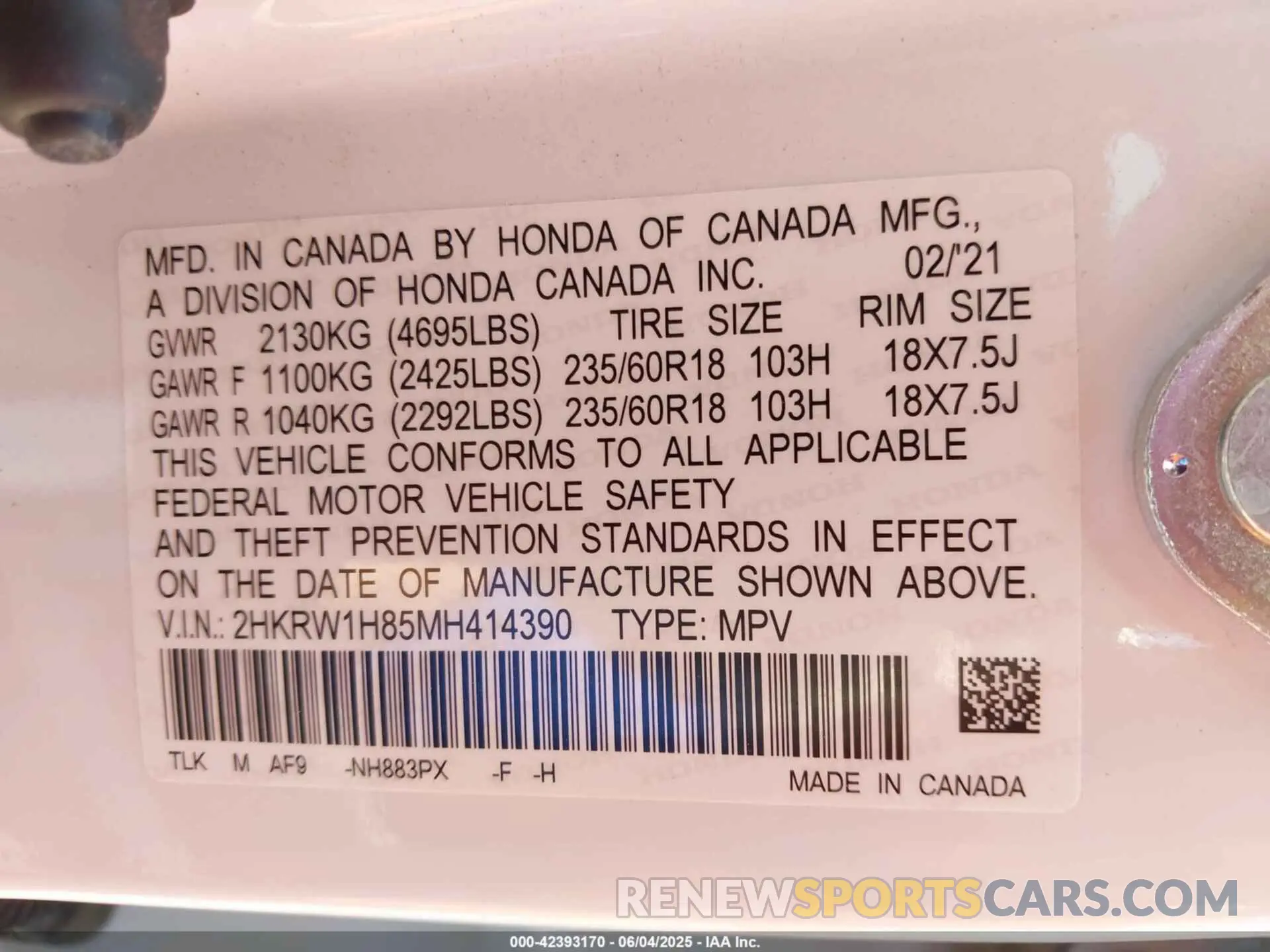 9 Photograph of a damaged car 2HKRW1H85MH414390 HONDA CR-V 2021