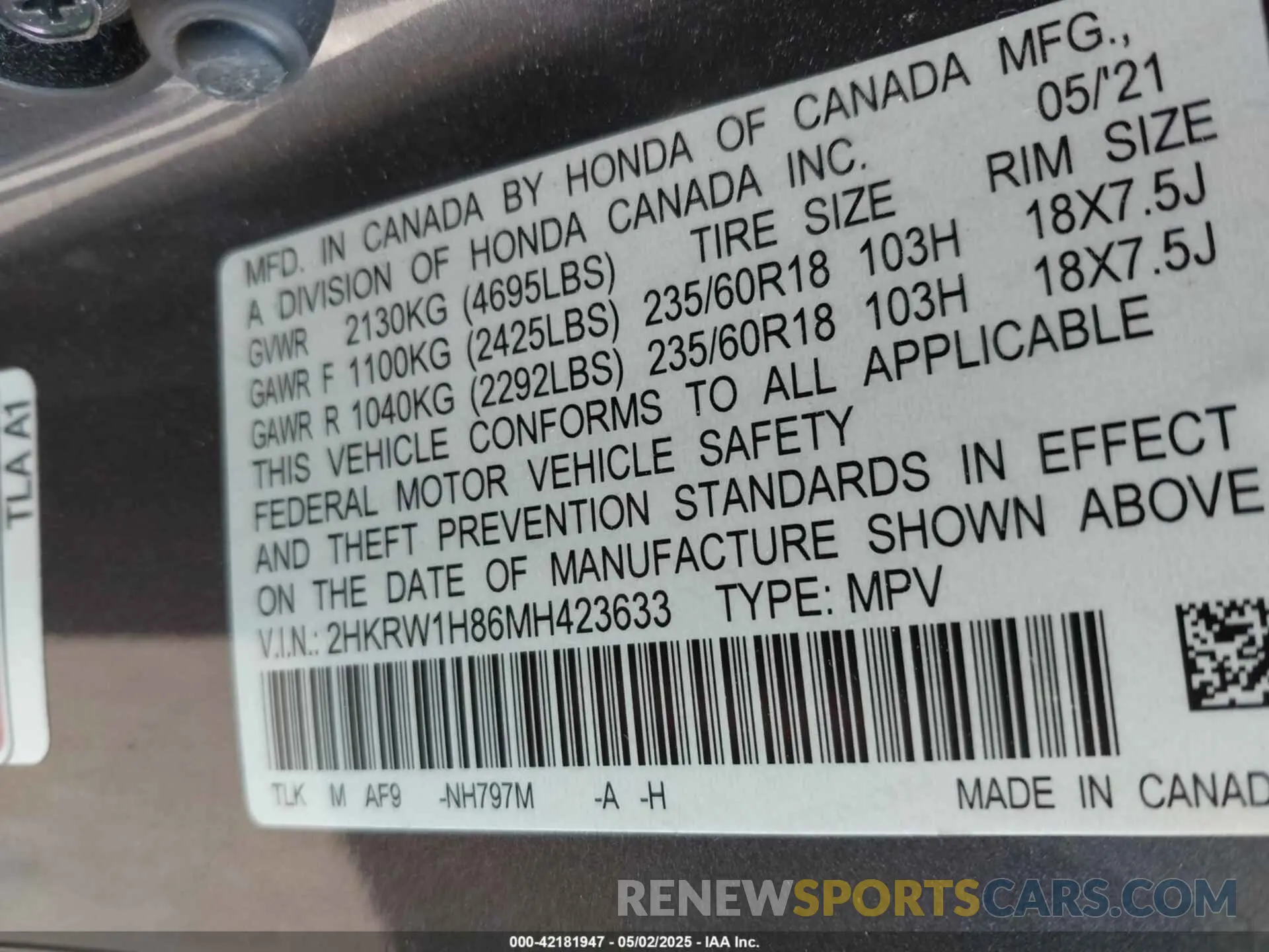 9 Photograph of a damaged car 2HKRW1H86MH423633 HONDA CR-V 2021