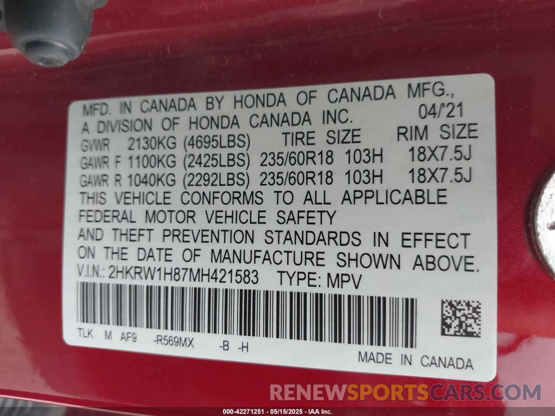 9 Photograph of a damaged car 2HKRW1H87MH421583 HONDA CR-V 2021