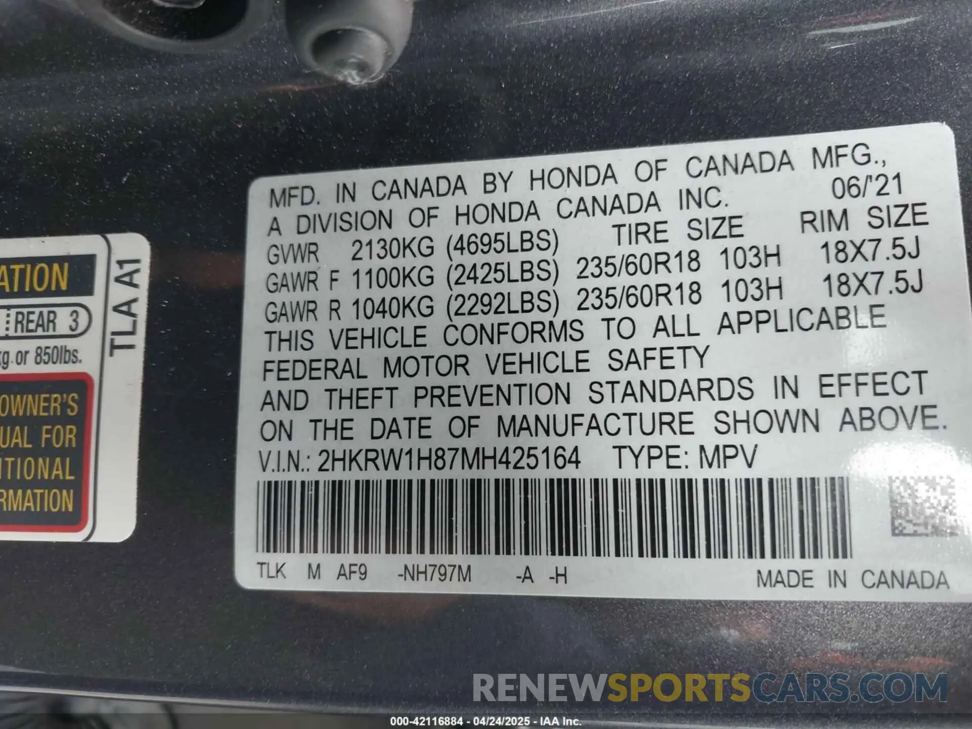 9 Photograph of a damaged car 2HKRW1H87MH425164 HONDA CR-V 2021
