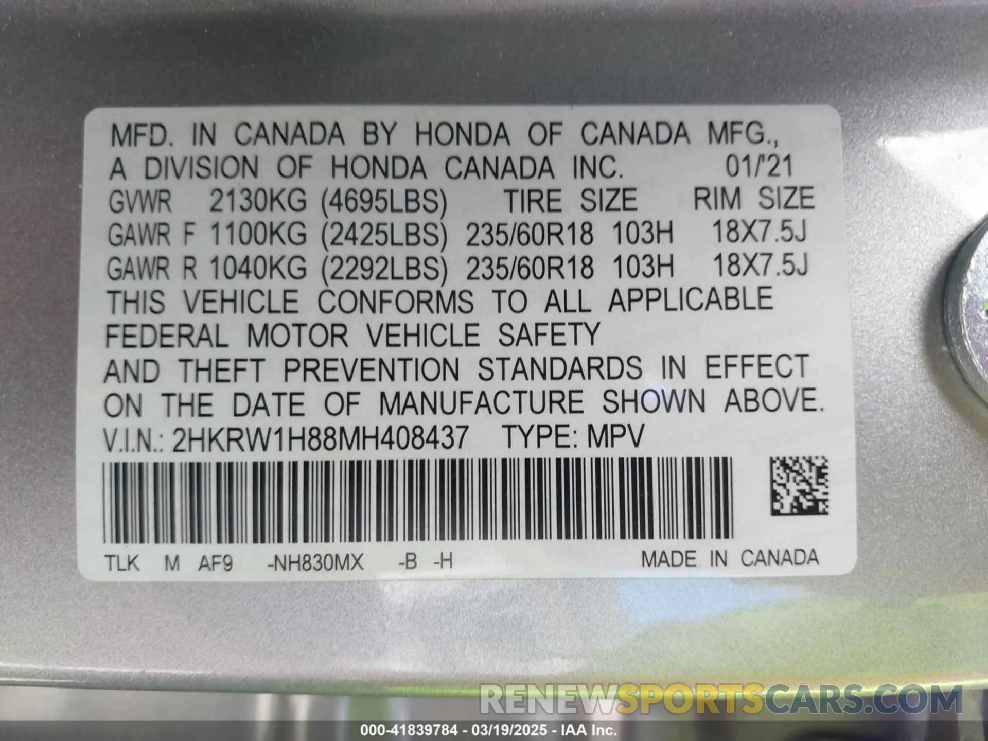 9 Photograph of a damaged car 2HKRW1H88MH408437 HONDA CR-V 2021