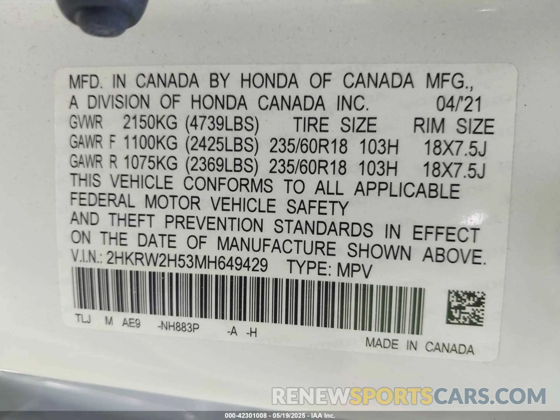 9 Photograph of a damaged car 2HKRW2H53MH649429 HONDA CR-V 2021