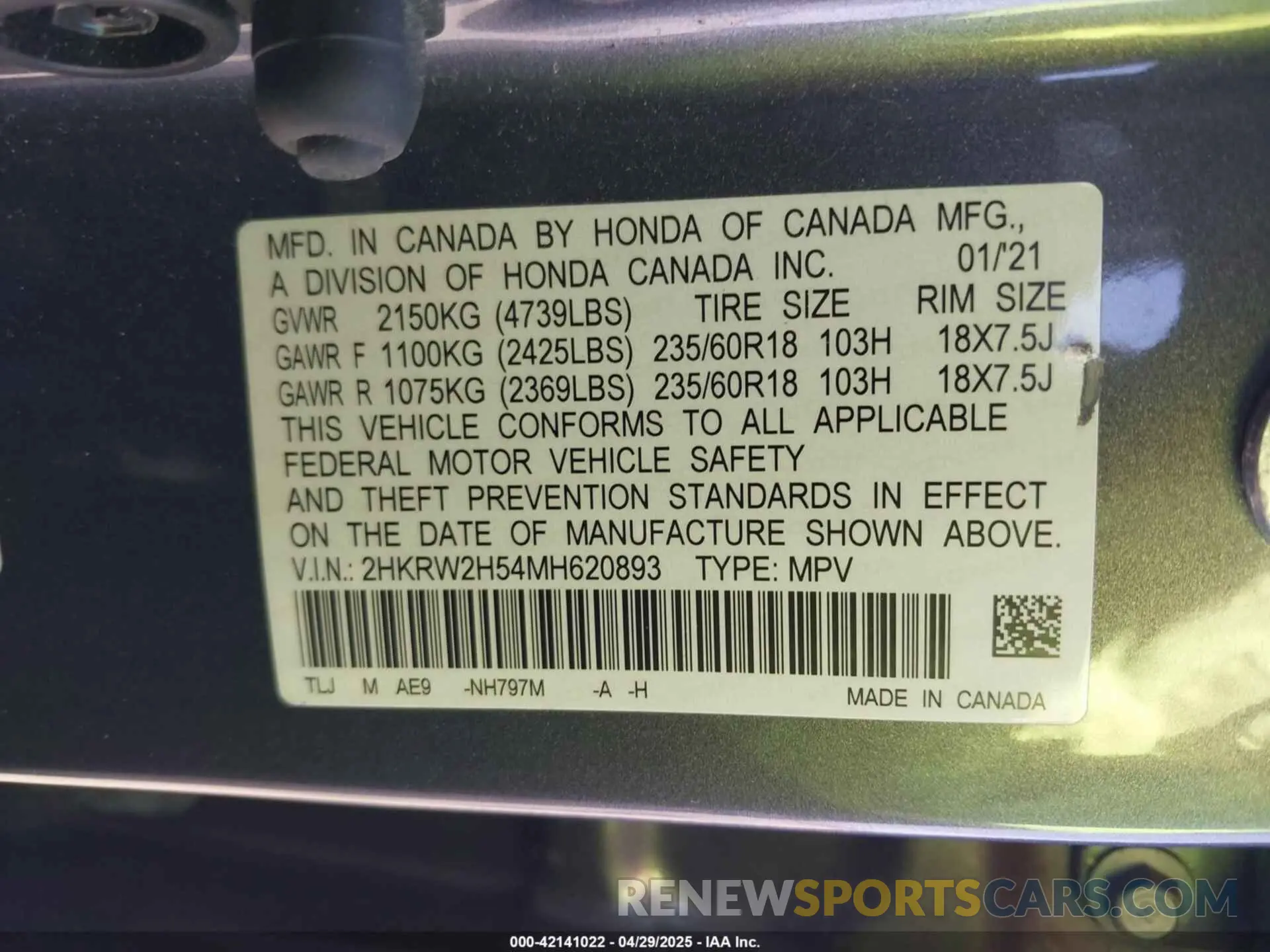 9 Photograph of a damaged car 2HKRW2H54MH620893 HONDA CR-V 2021