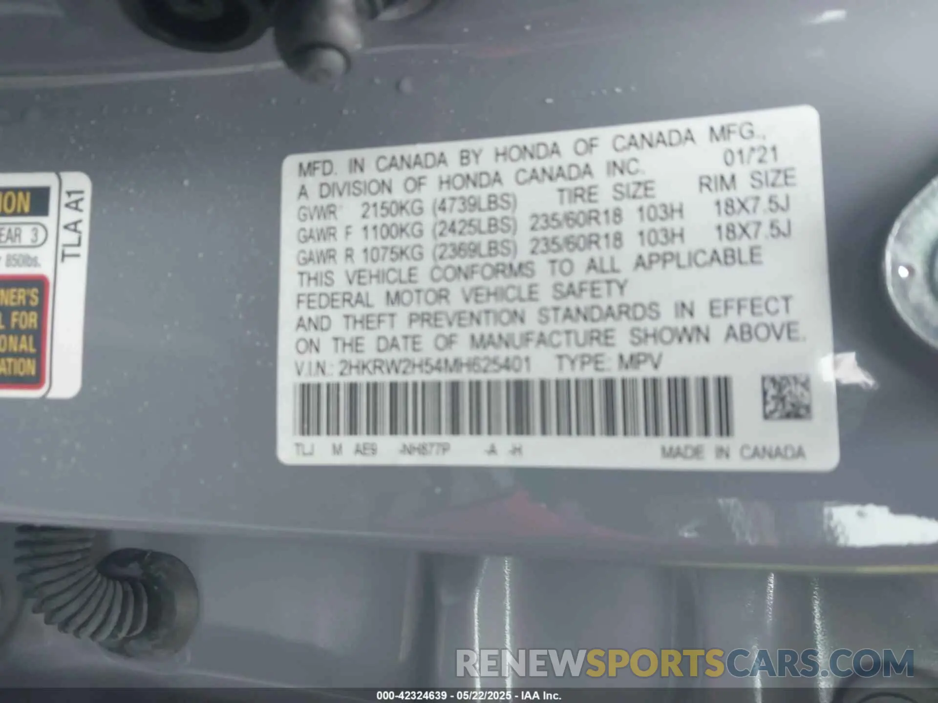 9 Photograph of a damaged car 2HKRW2H54MH625401 HONDA CR-V 2021