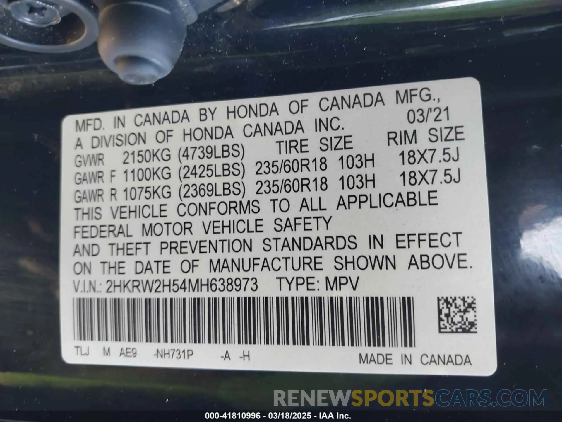 9 Photograph of a damaged car 2HKRW2H54MH638973 HONDA CR-V 2021