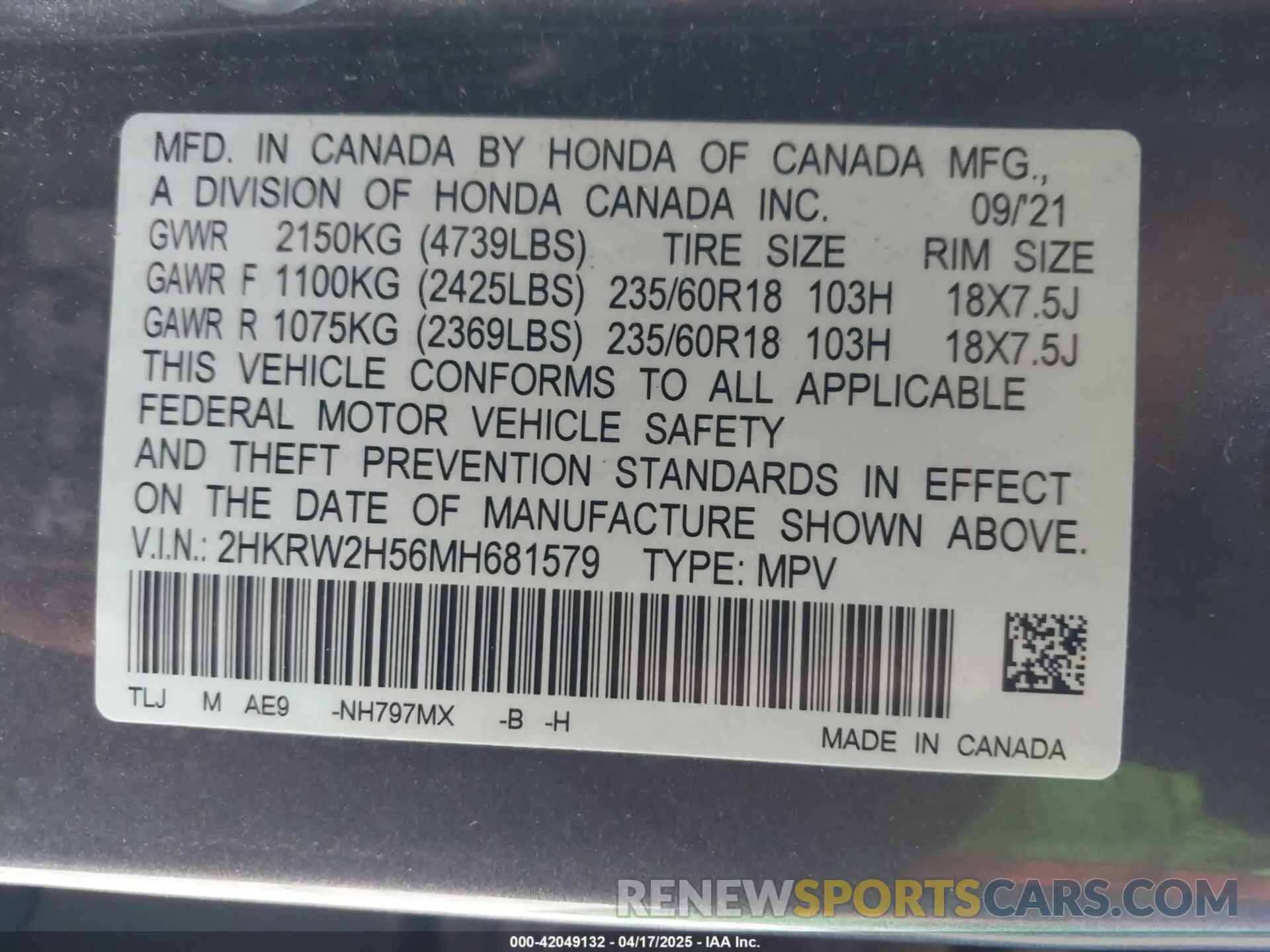 9 Photograph of a damaged car 2HKRW2H56MH681579 HONDA CR-V 2021