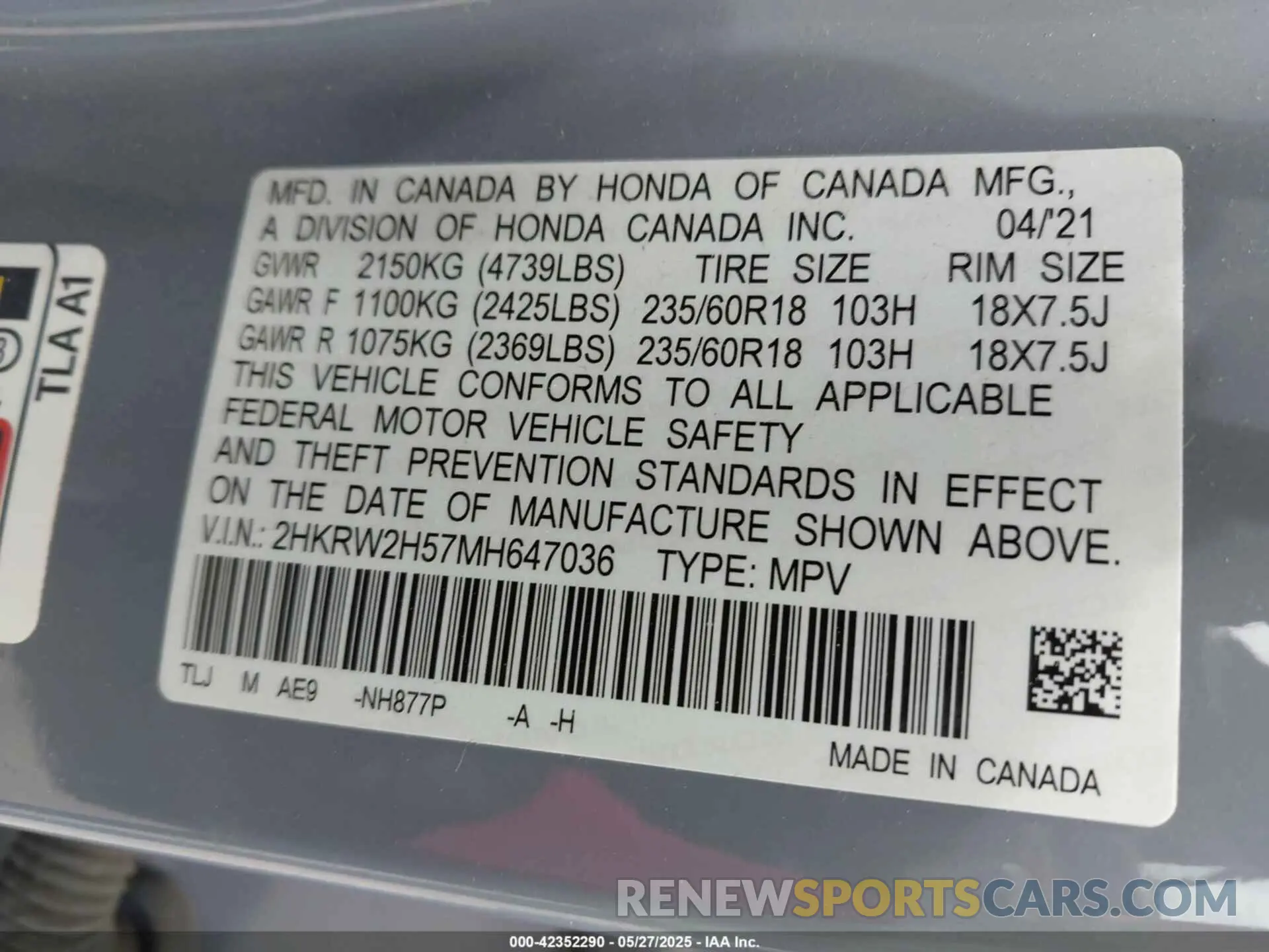 9 Photograph of a damaged car 2HKRW2H57MH647036 HONDA CR-V 2021