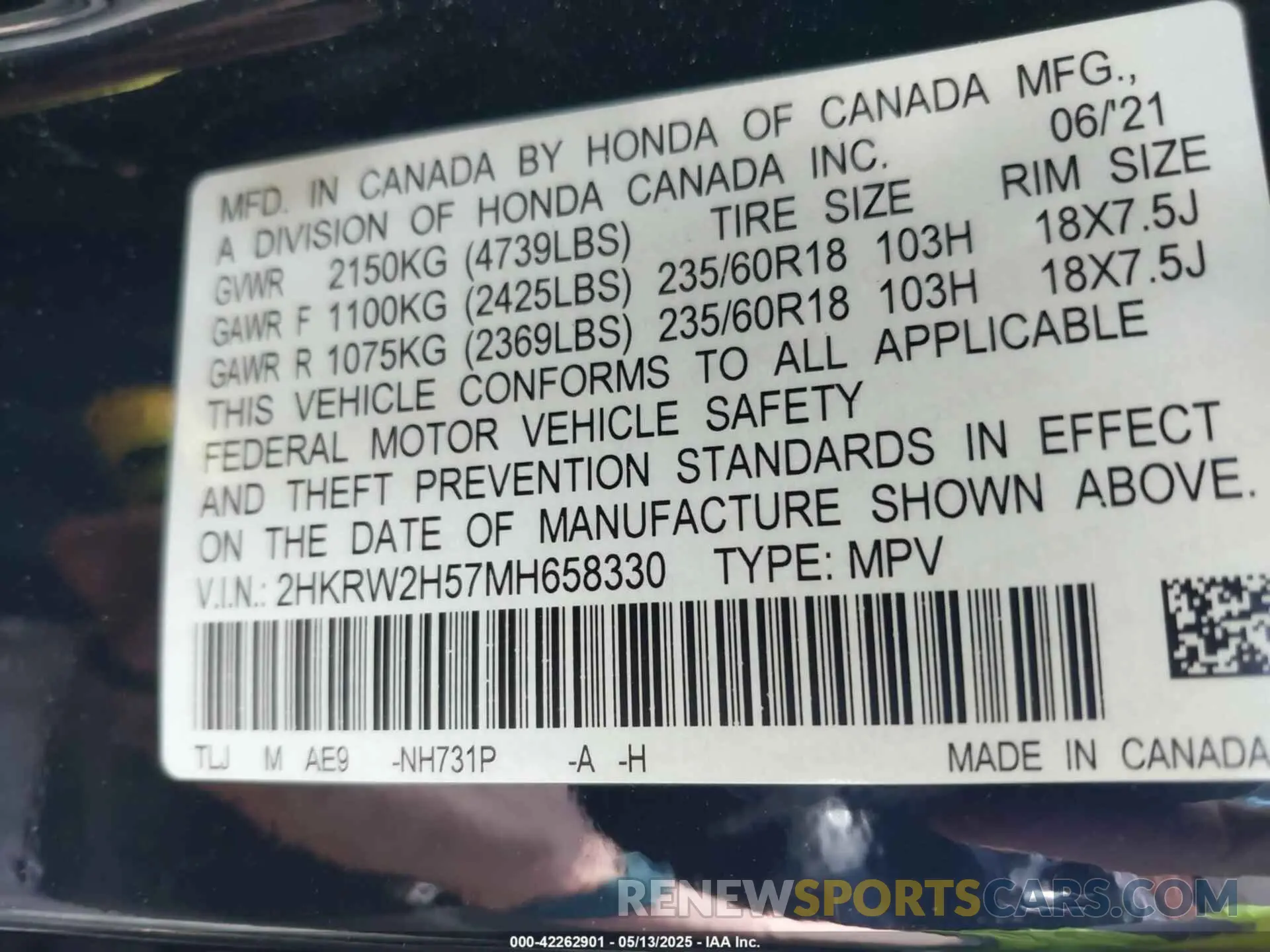 9 Photograph of a damaged car 2HKRW2H57MH658330 HONDA CR-V 2021