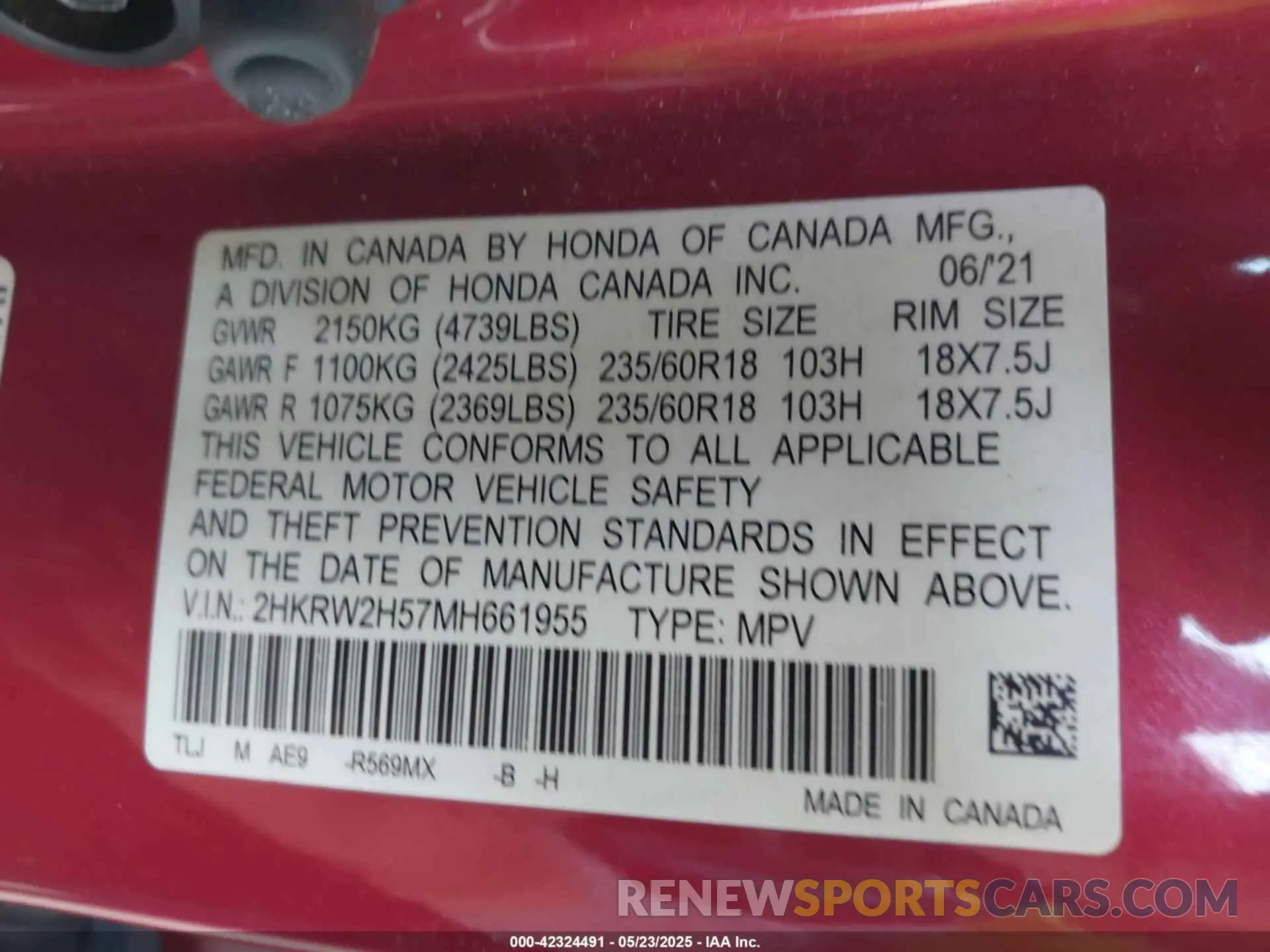 9 Photograph of a damaged car 2HKRW2H57MH661955 HONDA CR-V 2021