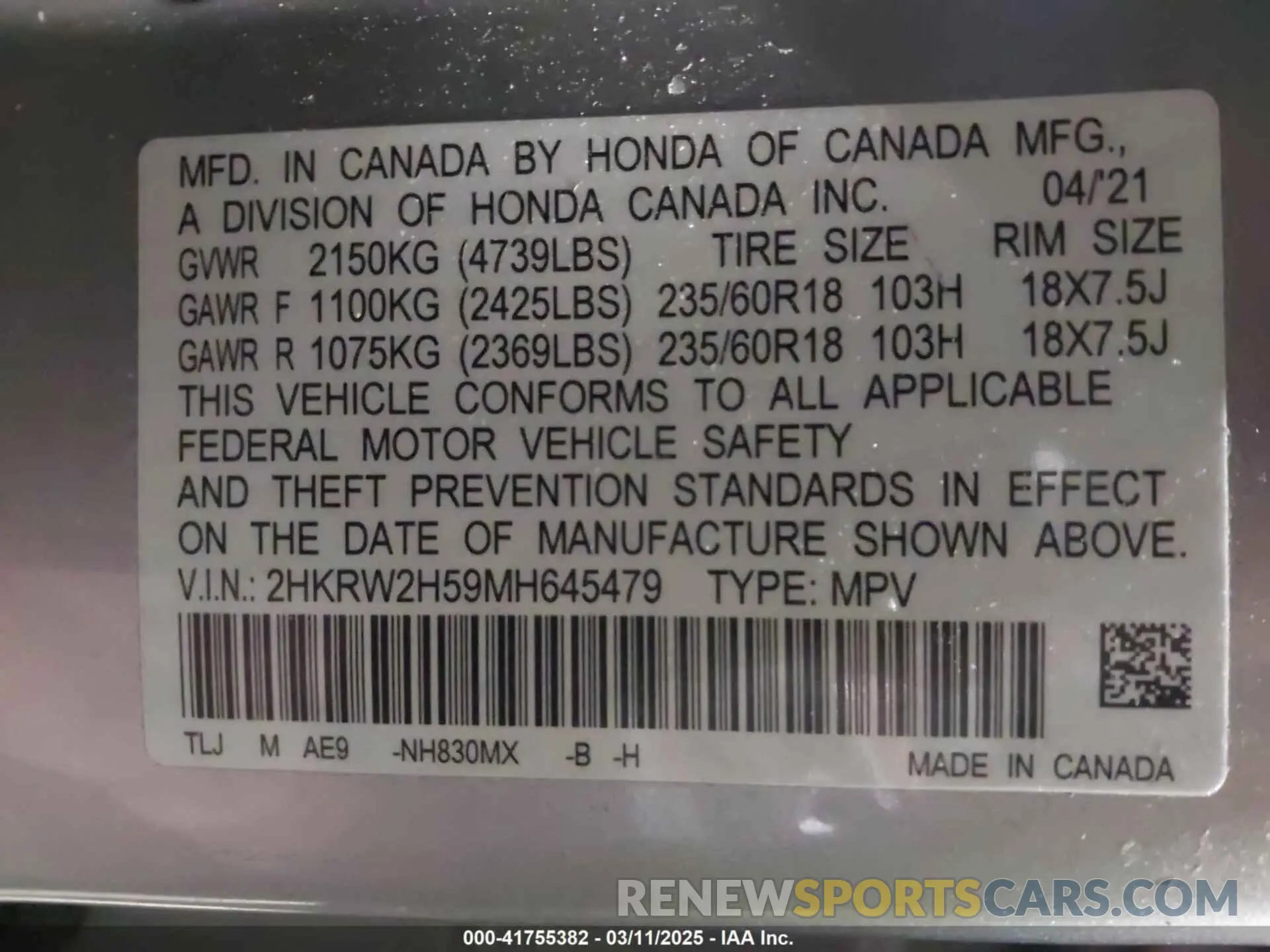 9 Photograph of a damaged car 2HKRW2H59MH645479 HONDA CR-V 2021