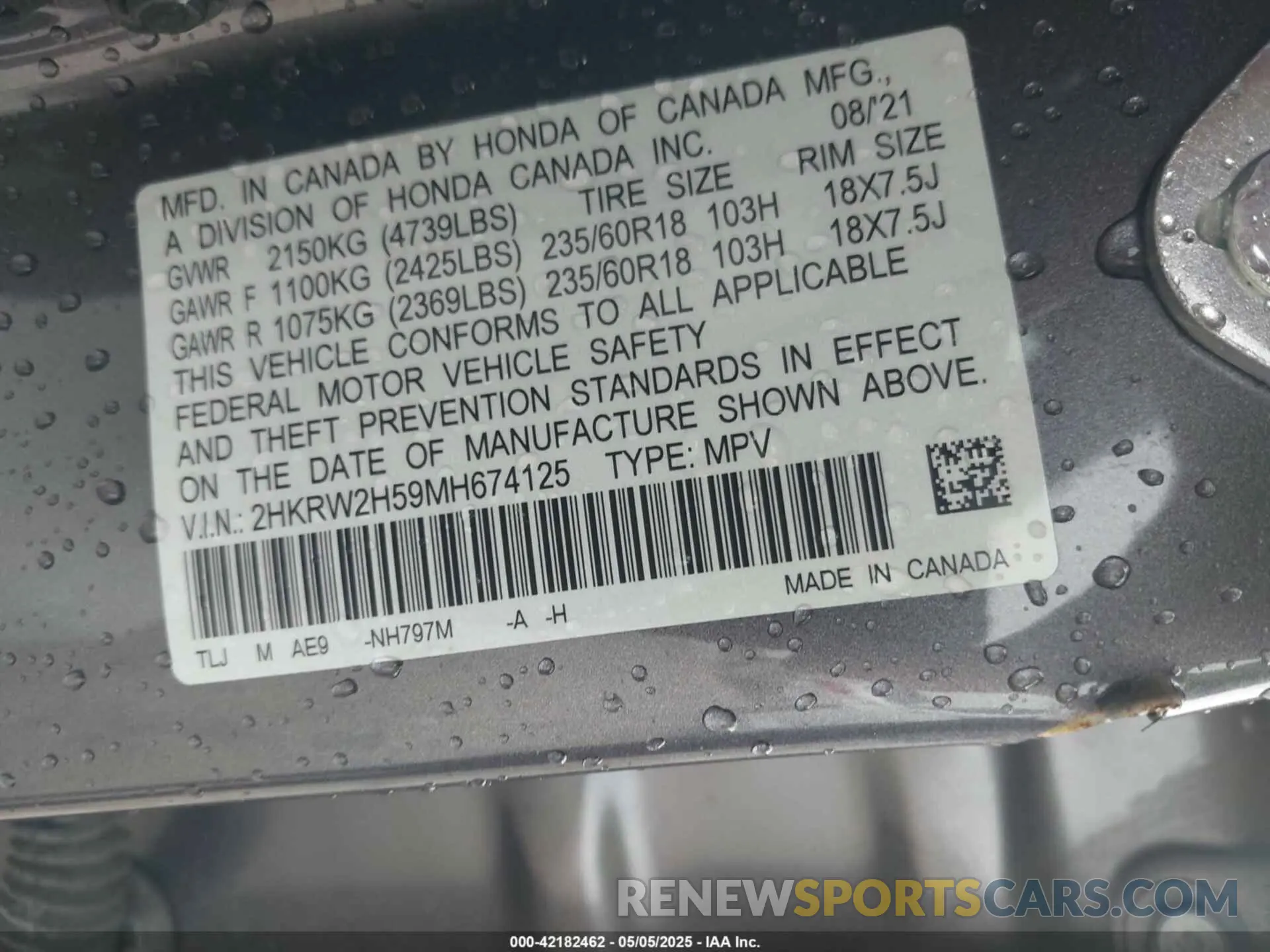 9 Photograph of a damaged car 2HKRW2H59MH674125 HONDA CR-V 2021