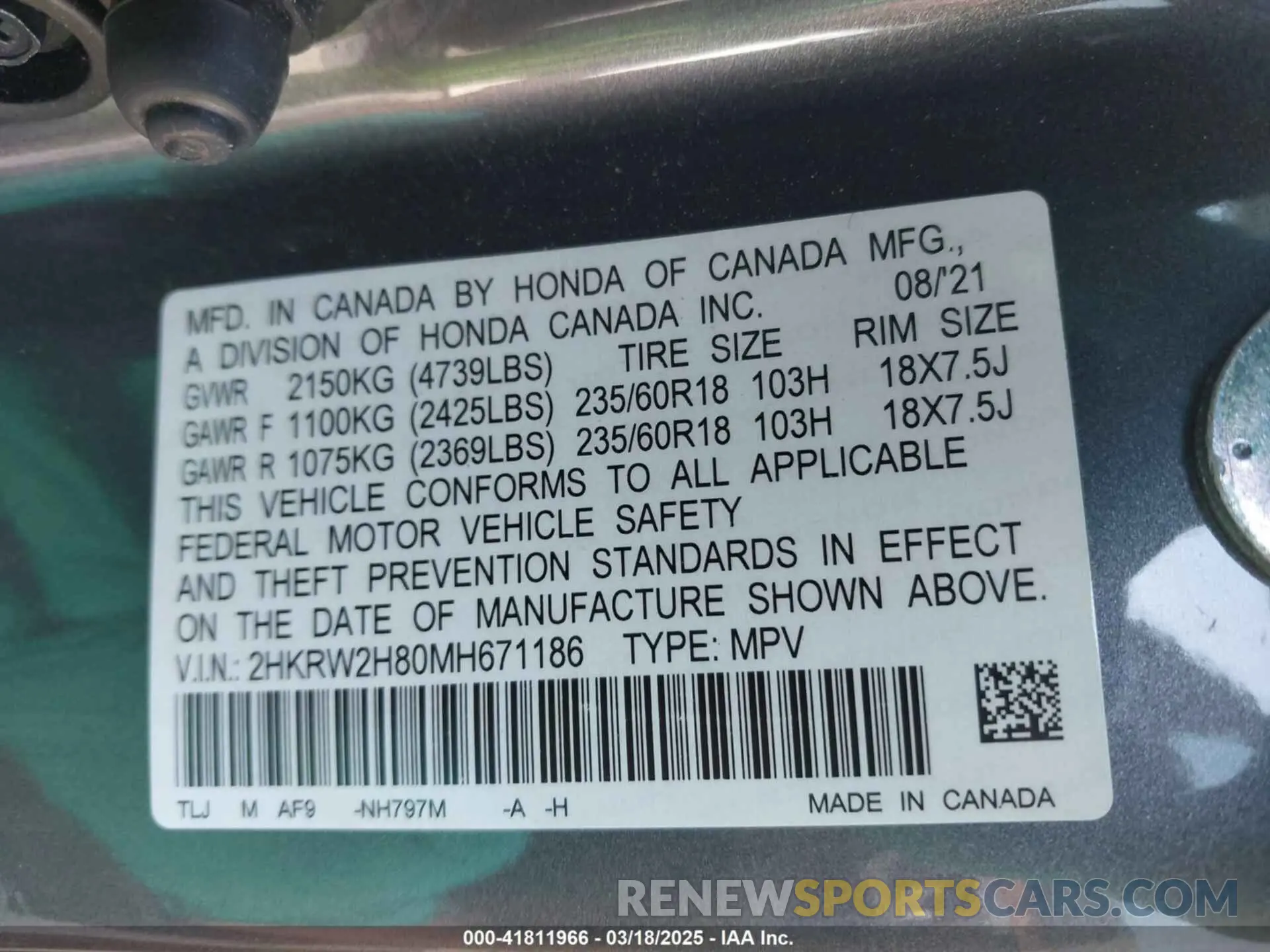 9 Photograph of a damaged car 2HKRW2H80MH671186 HONDA CR-V 2021