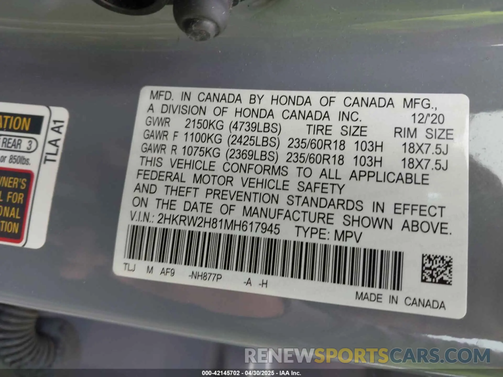 9 Photograph of a damaged car 2HKRW2H81MH617945 HONDA CR-V 2021