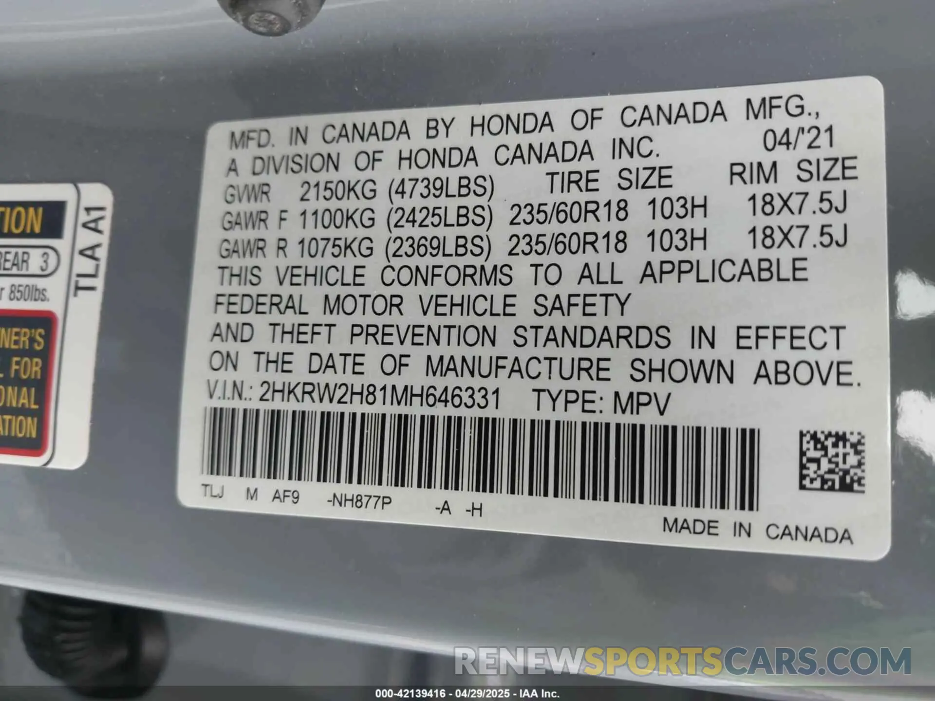 9 Photograph of a damaged car 2HKRW2H81MH646331 HONDA CR-V 2021