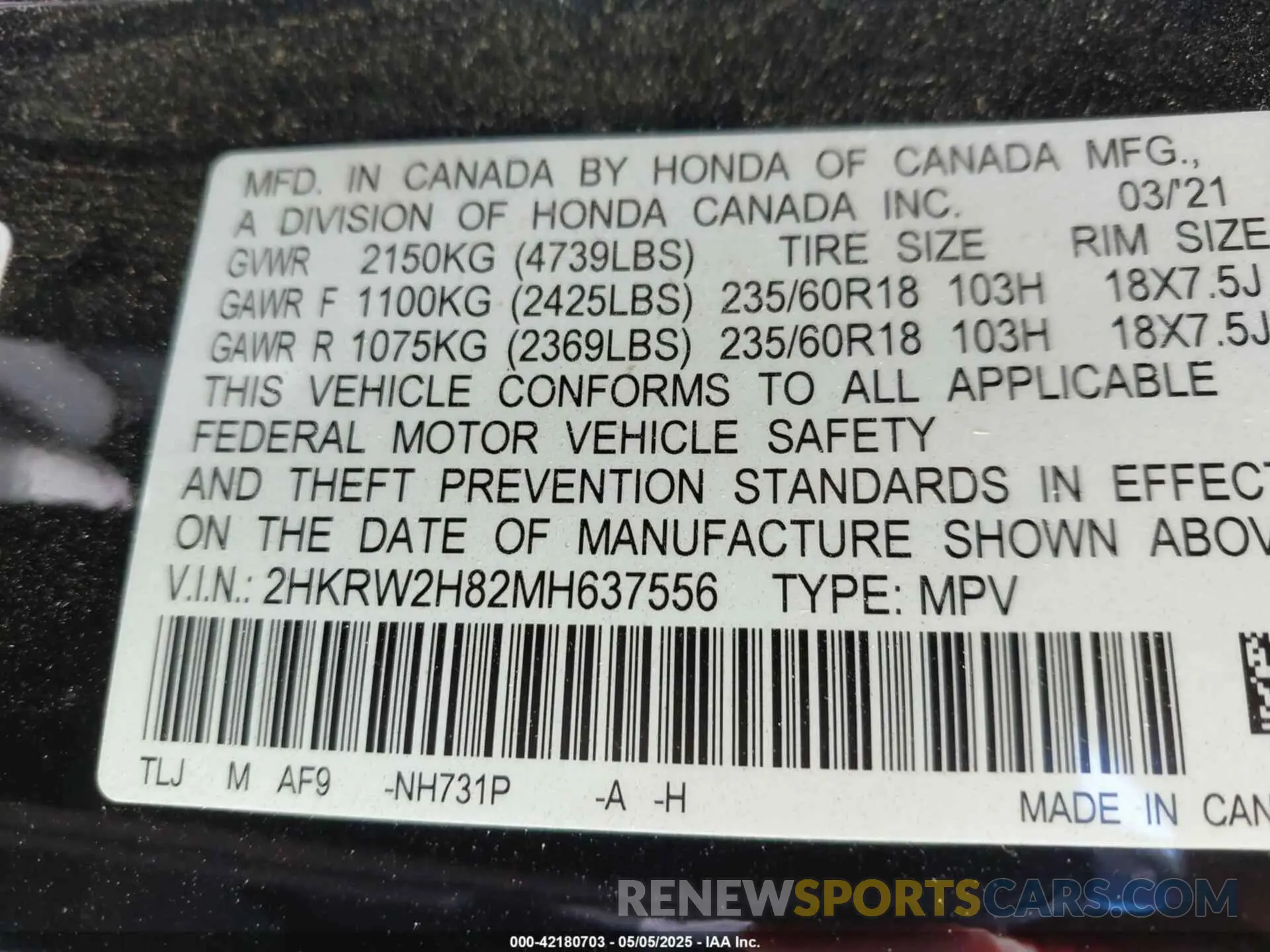 9 Photograph of a damaged car 2HKRW2H82MH637556 HONDA CR-V 2021