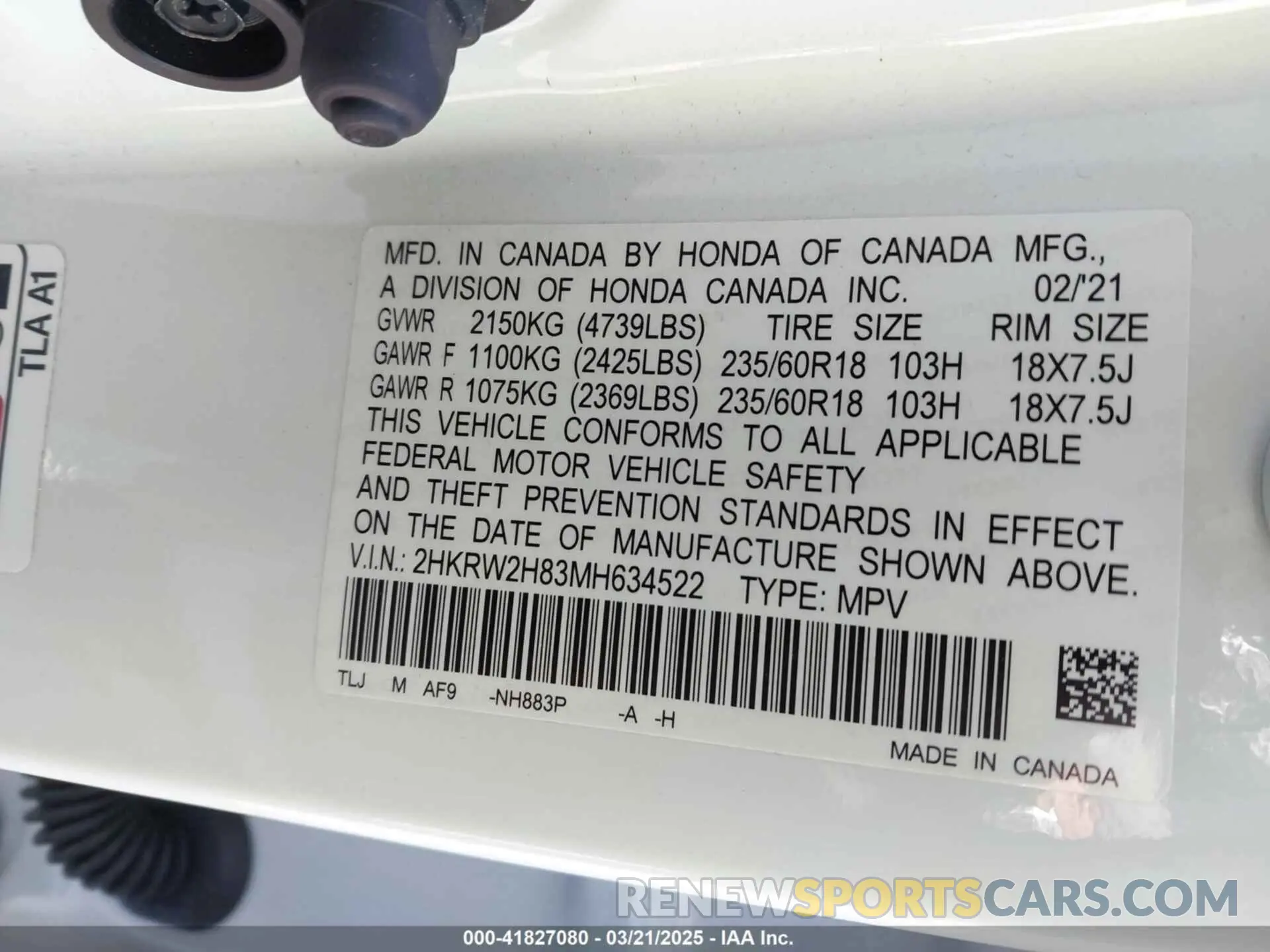 9 Photograph of a damaged car 2HKRW2H83MH634522 HONDA CR-V 2021