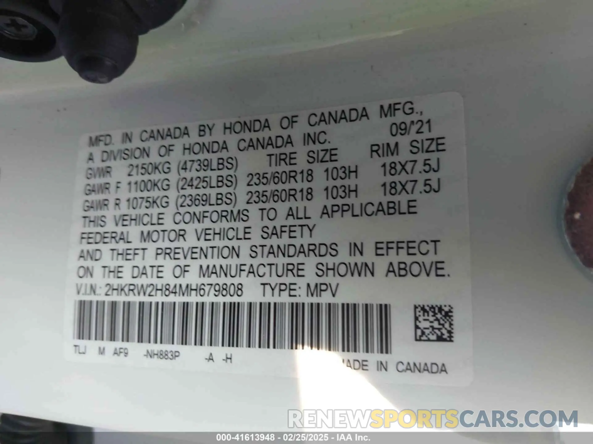 9 Photograph of a damaged car 2HKRW2H84MH679808 HONDA CR-V 2021