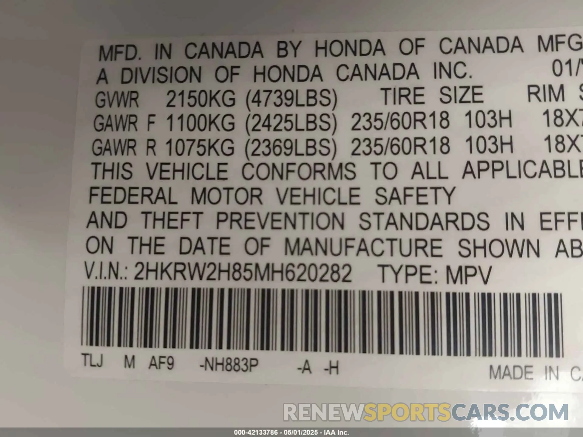9 Photograph of a damaged car 2HKRW2H85MH620282 HONDA CR-V 2021