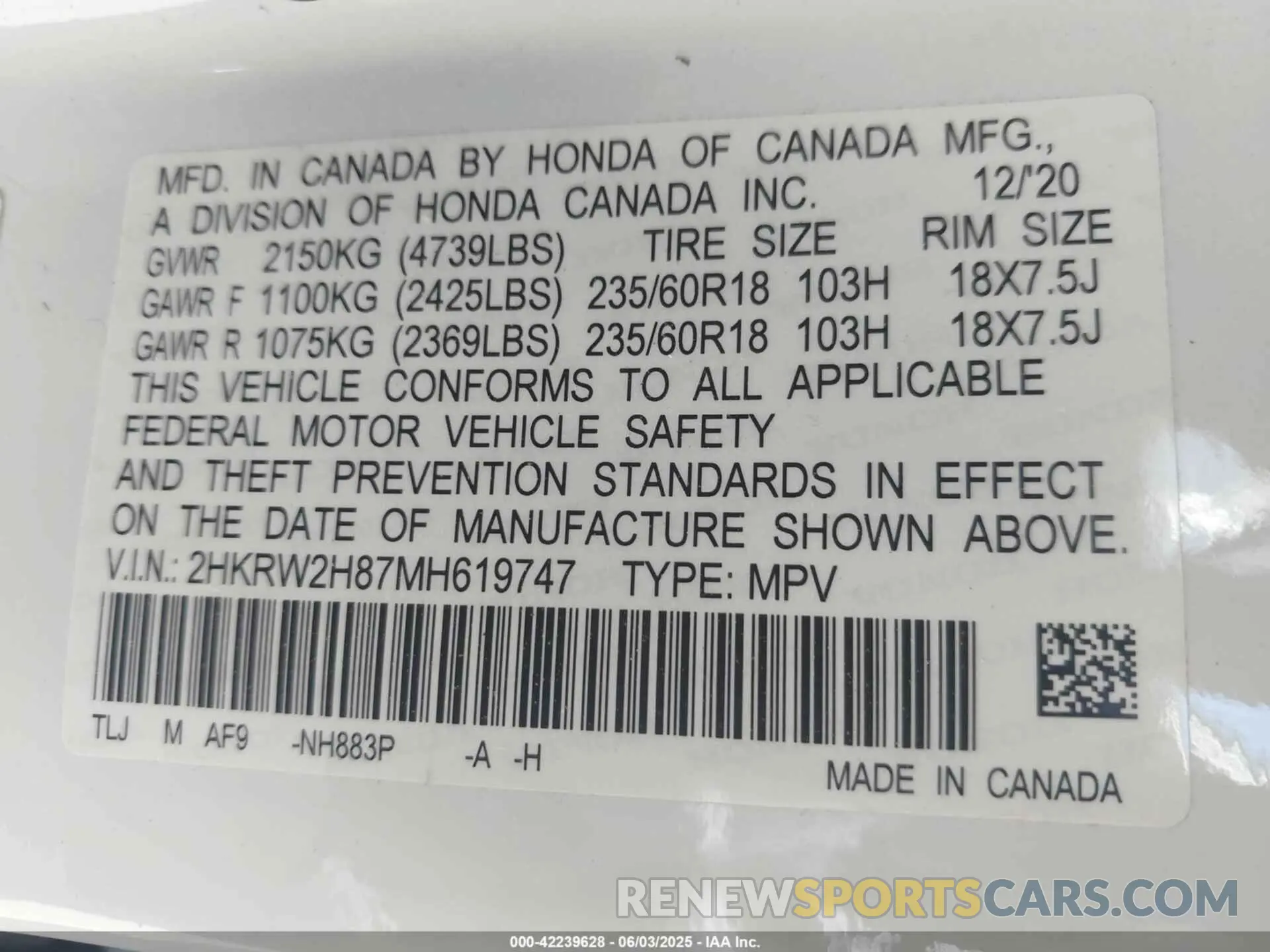 9 Photograph of a damaged car 2HKRW2H87MH619747 HONDA CR-V 2021