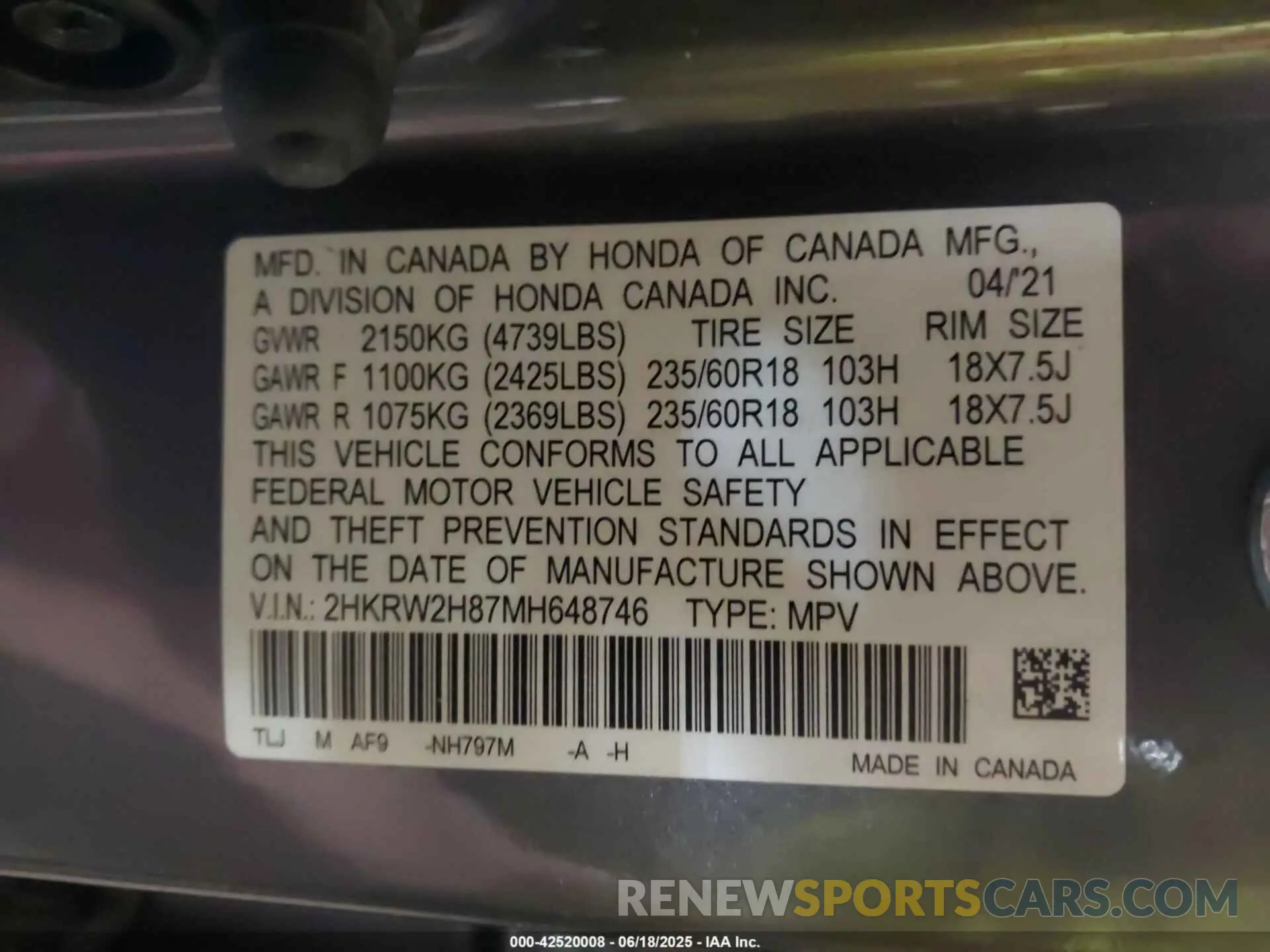 9 Photograph of a damaged car 2HKRW2H87MH648746 HONDA CR-V 2021