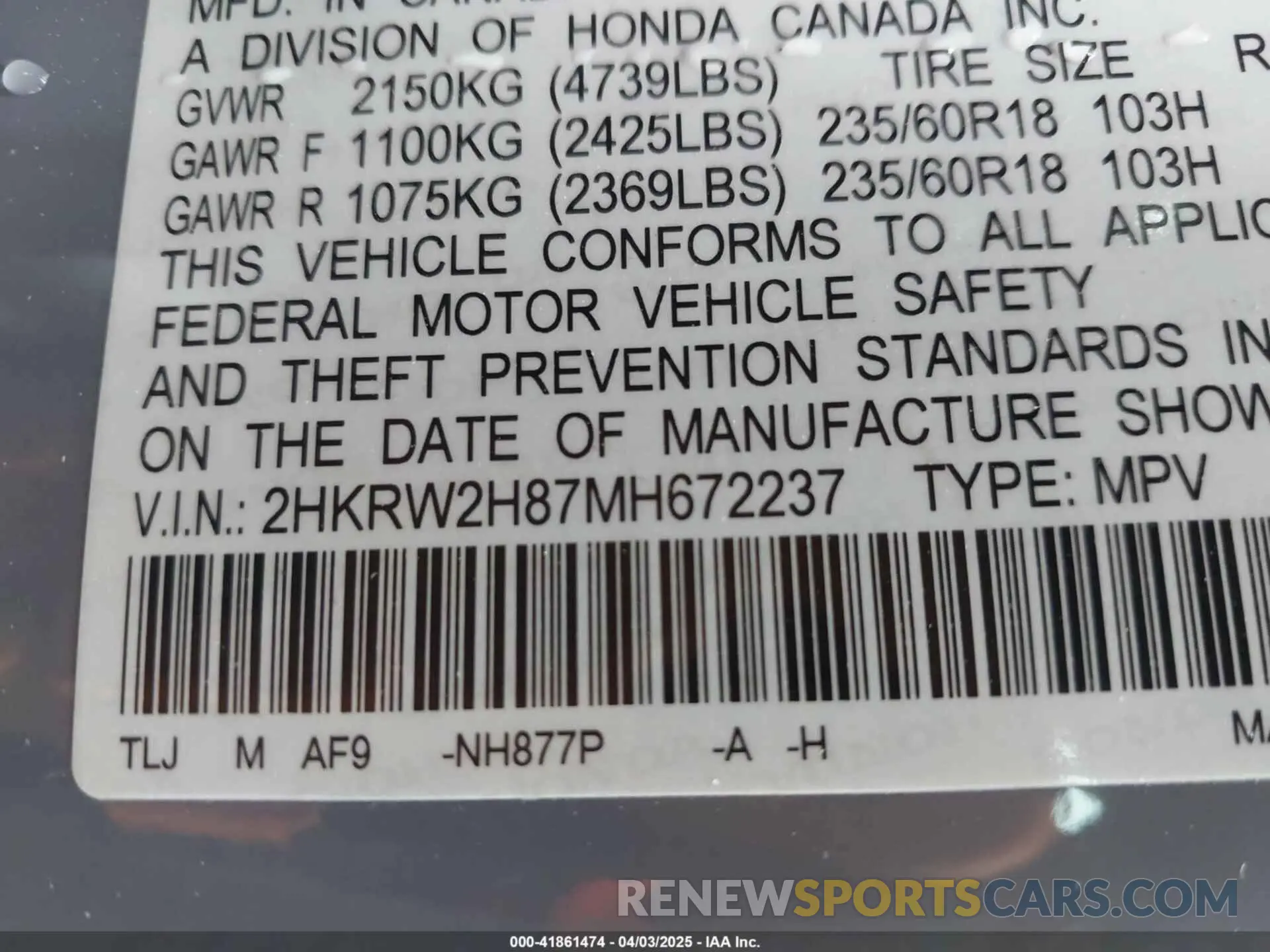 9 Photograph of a damaged car 2HKRW2H87MH672237 HONDA CR-V 2021
