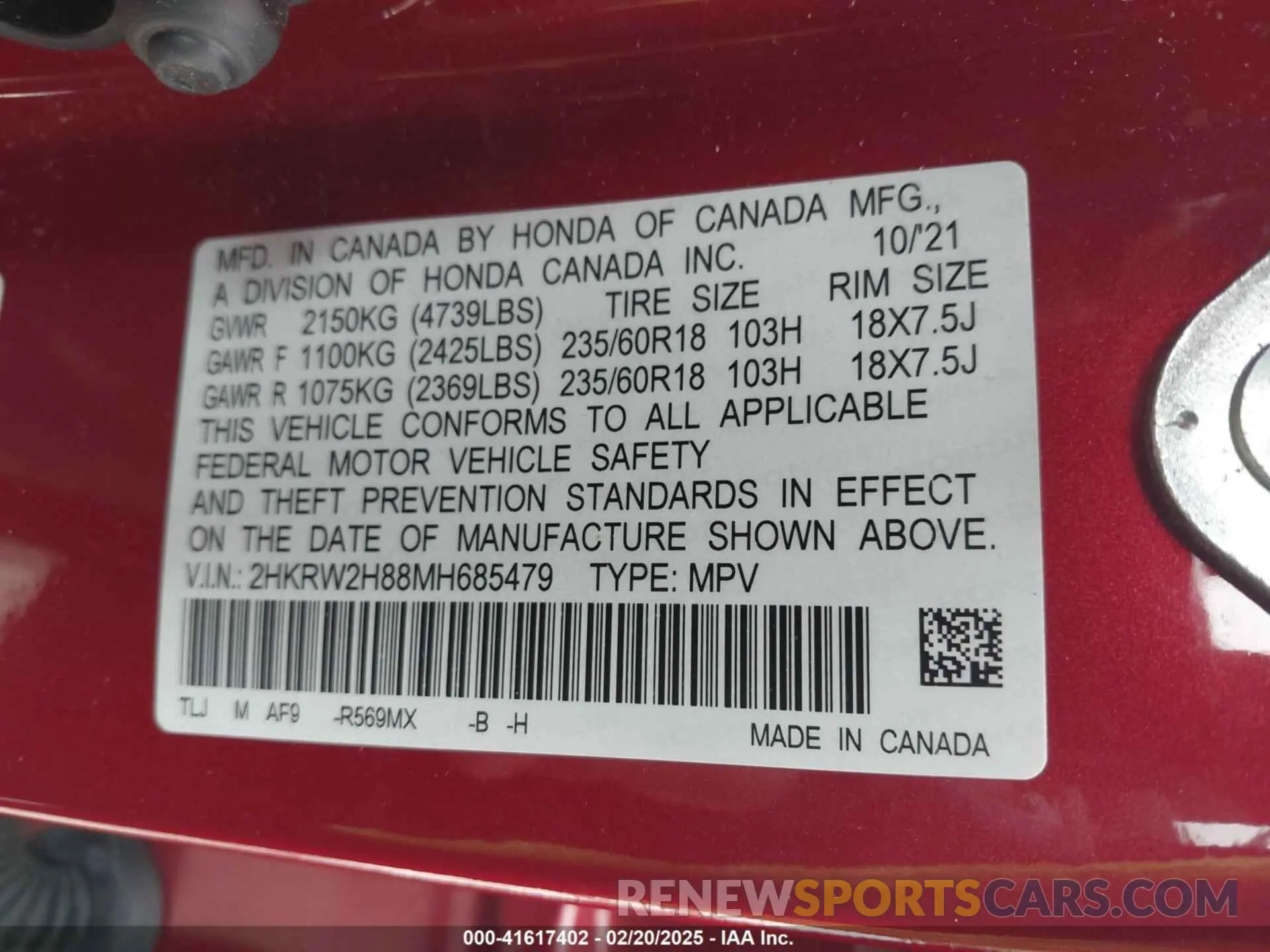 9 Photograph of a damaged car 2HKRW2H88MH685479 HONDA CR-V 2021