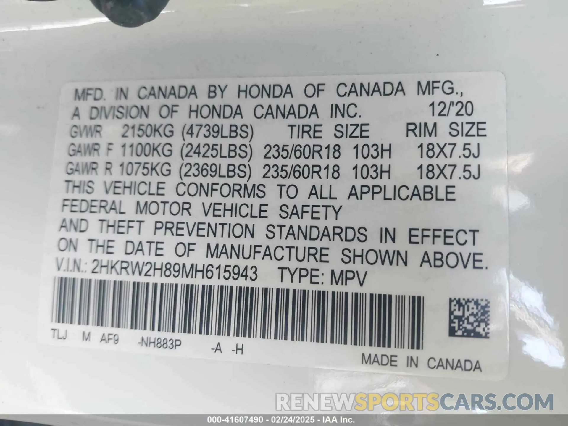 9 Photograph of a damaged car 2HKRW2H89MH615943 HONDA CR-V 2021