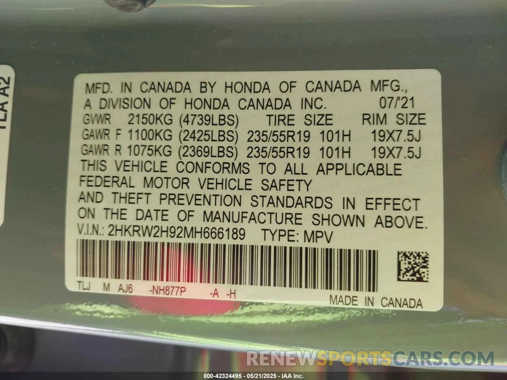 9 Photograph of a damaged car 2HKRW2H92MH666189 HONDA CR-V 2021