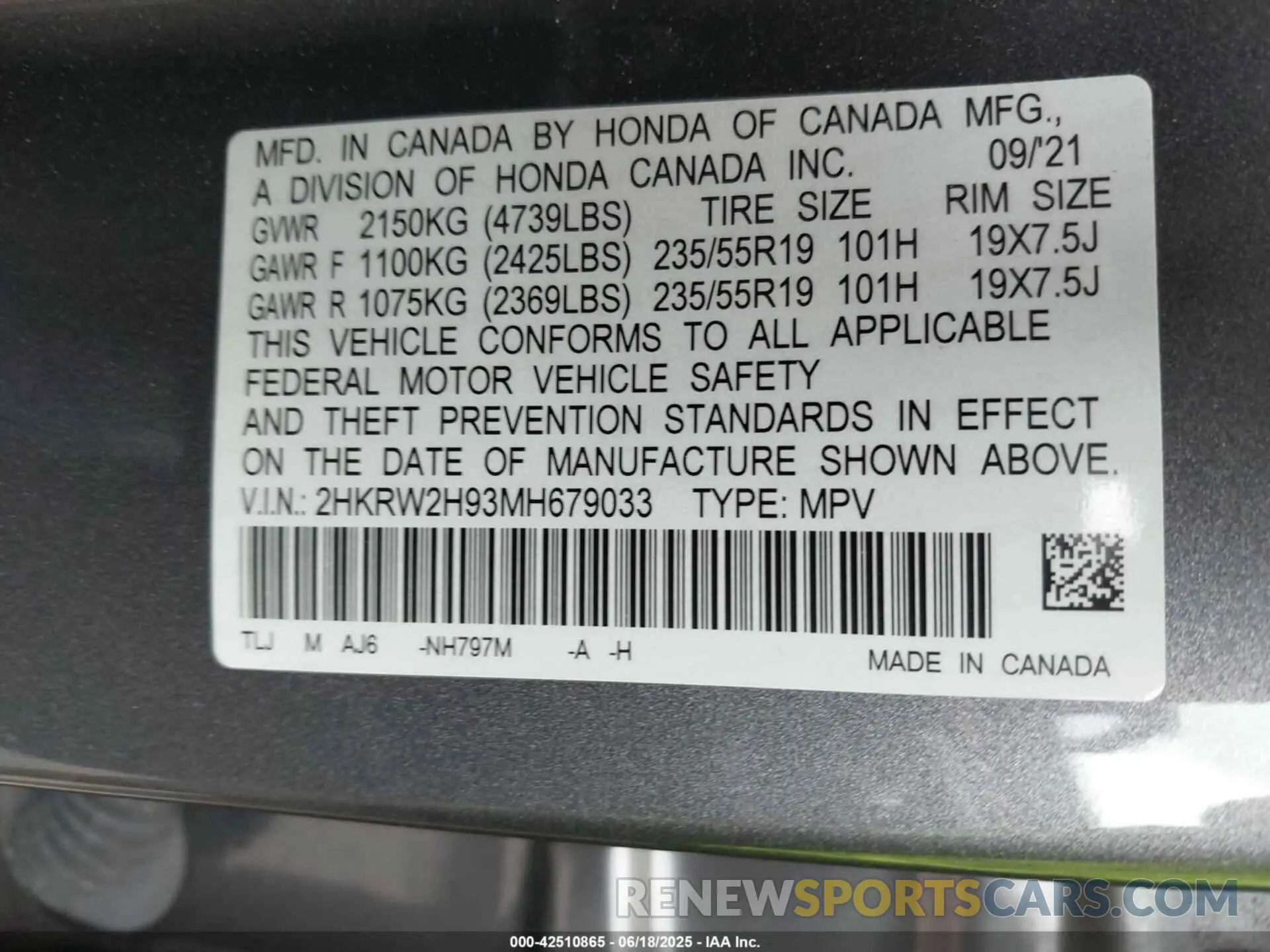 9 Photograph of a damaged car 2HKRW2H93MH679033 HONDA CR-V 2021