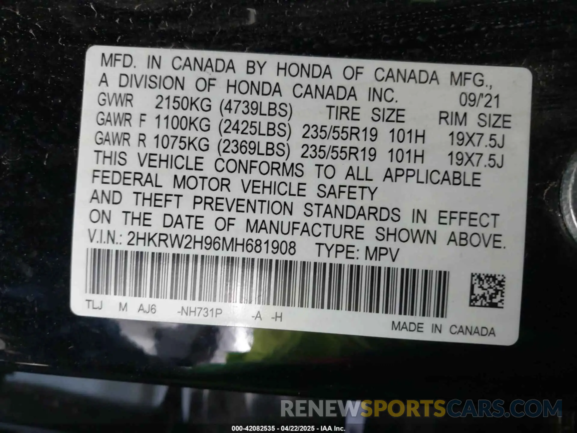 9 Photograph of a damaged car 2HKRW2H96MH681908 HONDA CR-V 2021