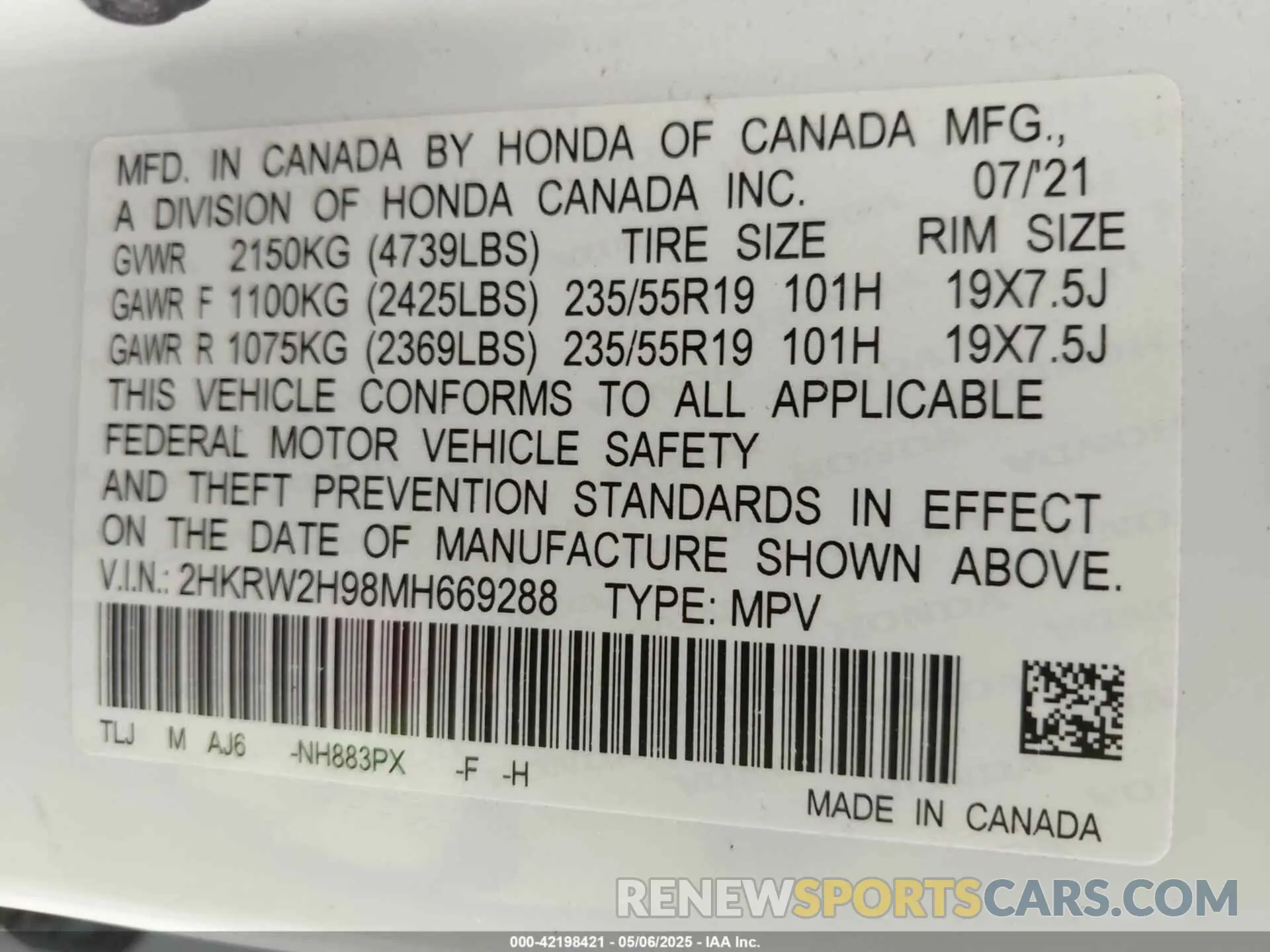 9 Photograph of a damaged car 2HKRW2H98MH669288 HONDA CR-V 2021