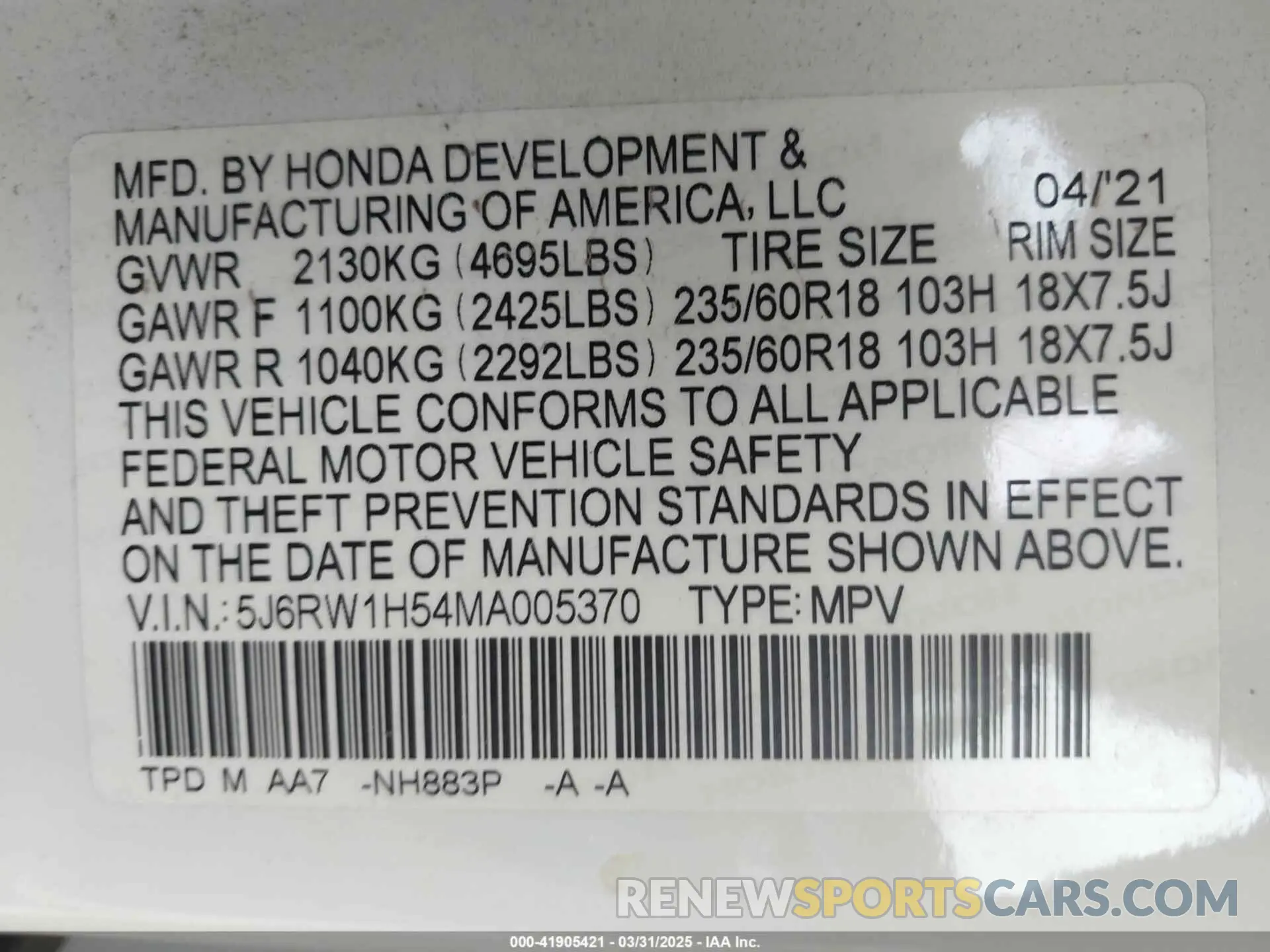 9 Photograph of a damaged car 5J6RW1H54MA005370 HONDA CR-V 2021