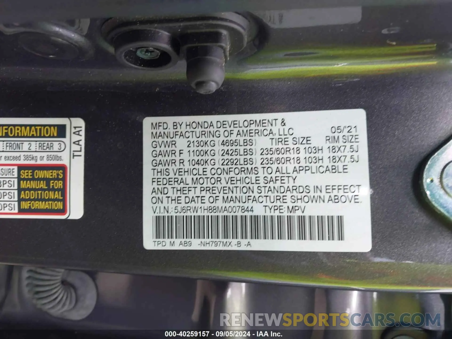 9 Photograph of a damaged car 5J6RW1H88MA007844 HONDA CR-V 2021