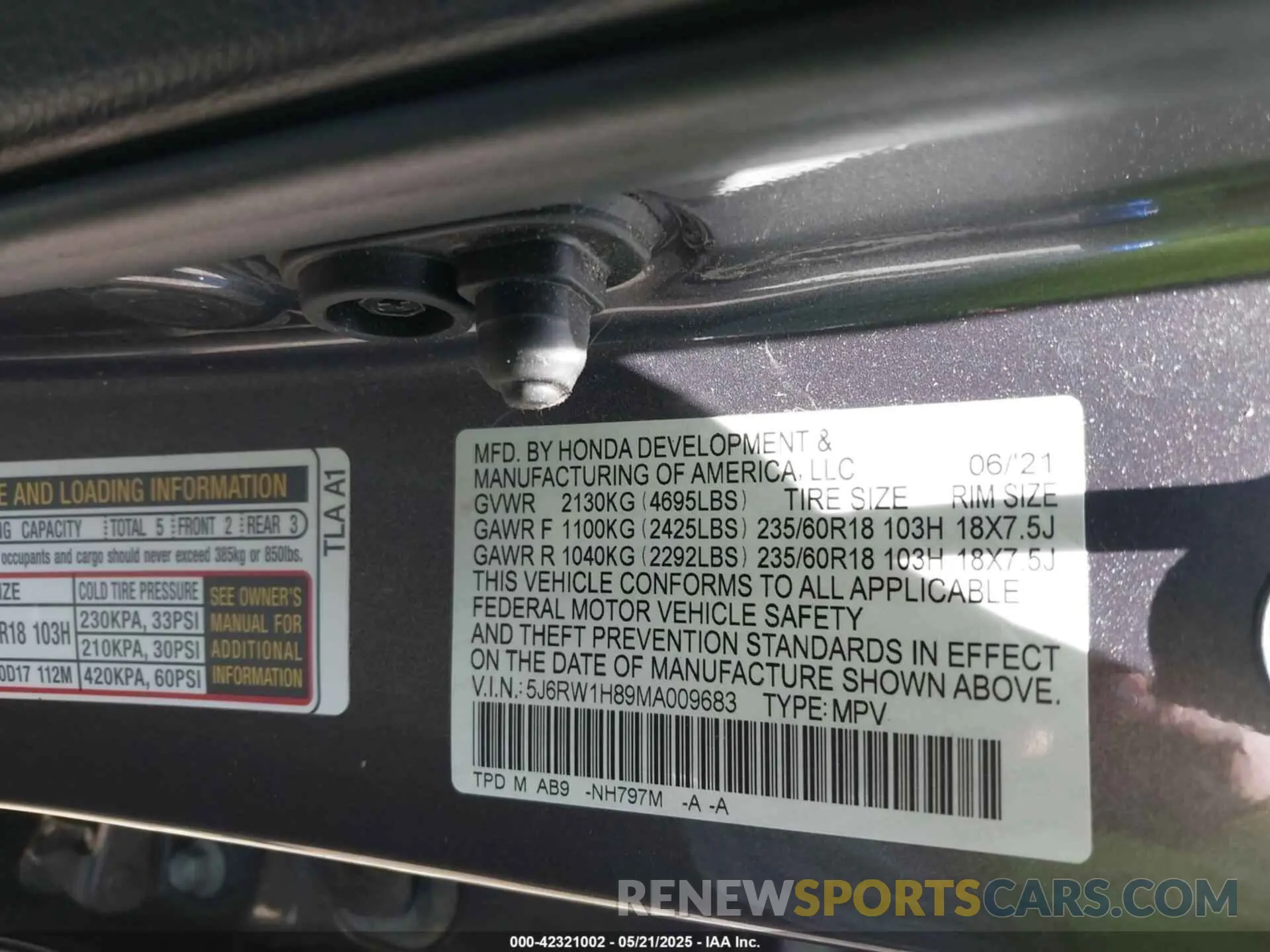 9 Photograph of a damaged car 5J6RW1H89MA009683 HONDA CR-V 2021