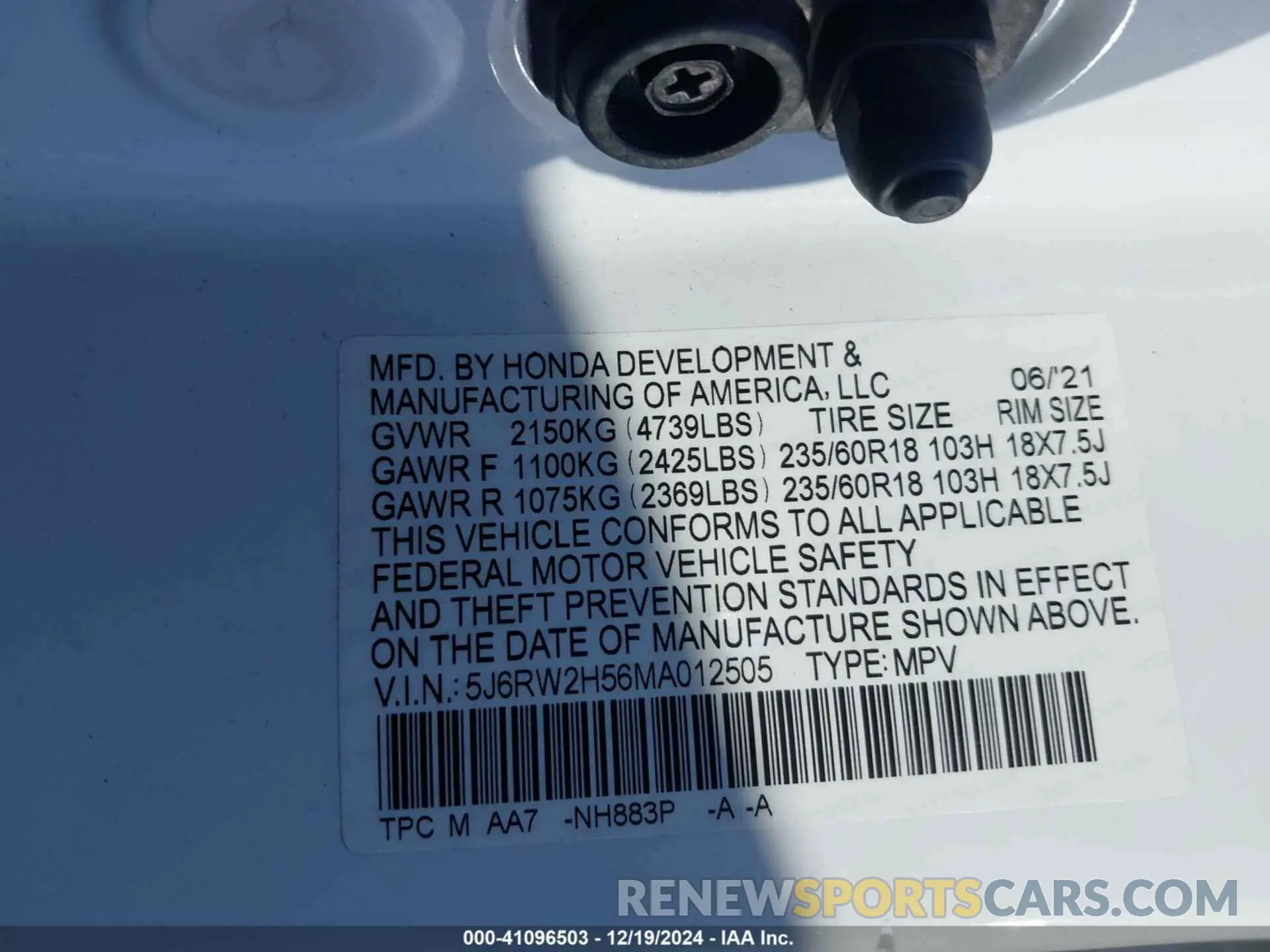 9 Photograph of a damaged car 5J6RW2H56MA012505 HONDA CR-V 2021