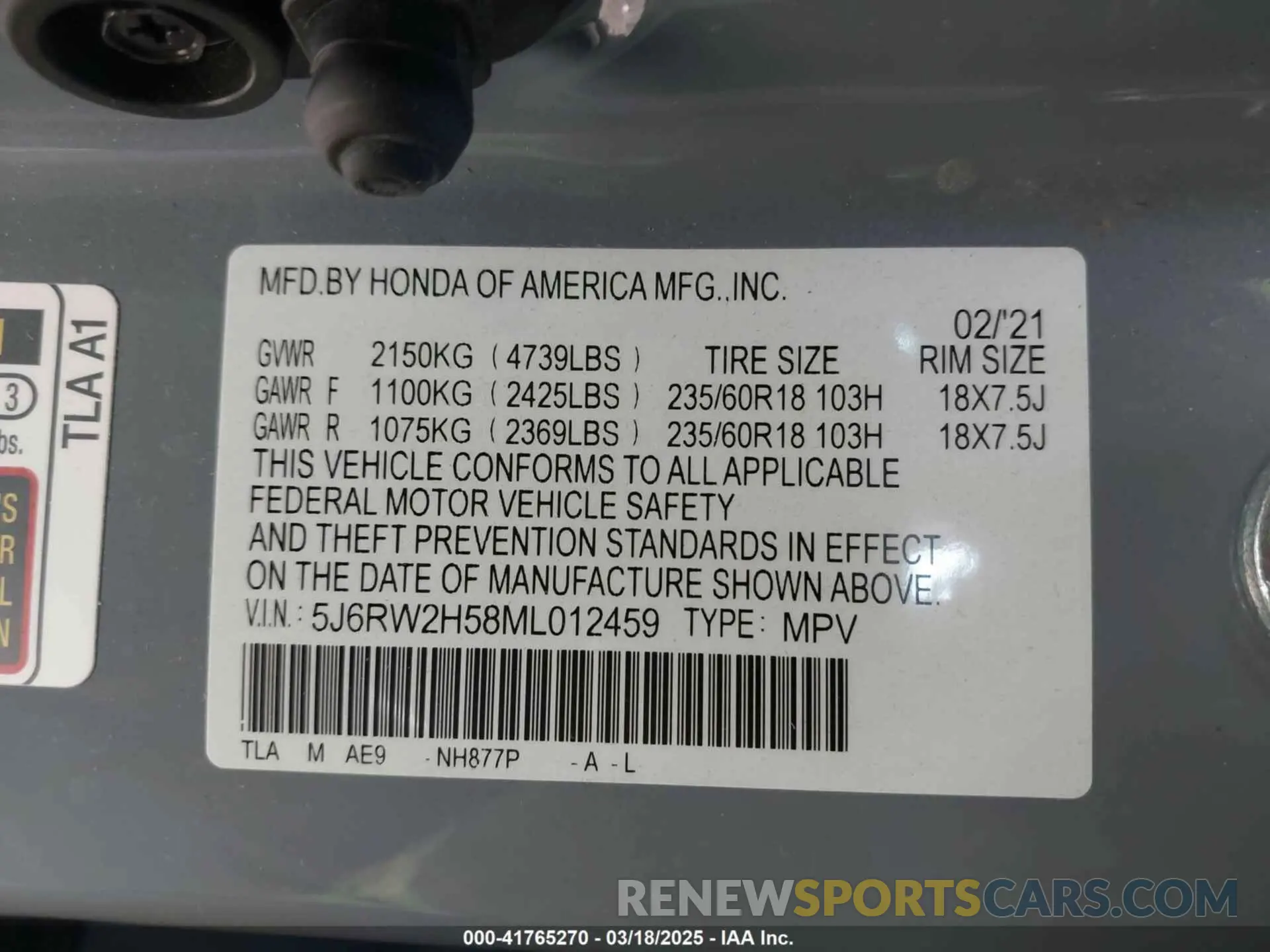 9 Photograph of a damaged car 5J6RW2H58ML012459 HONDA CR-V 2021