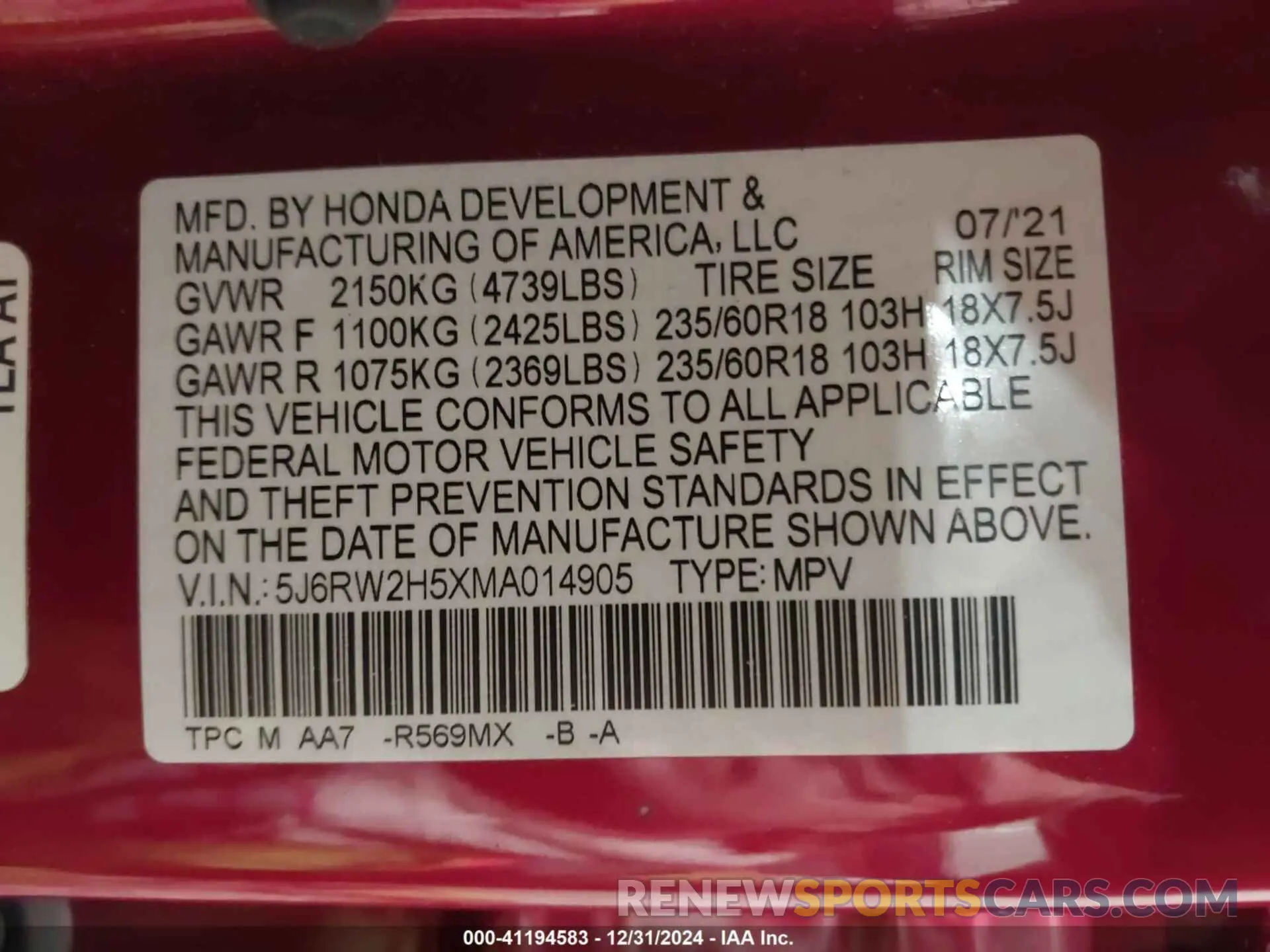 9 Photograph of a damaged car 5J6RW2H5XMA014905 HONDA CR-V 2021