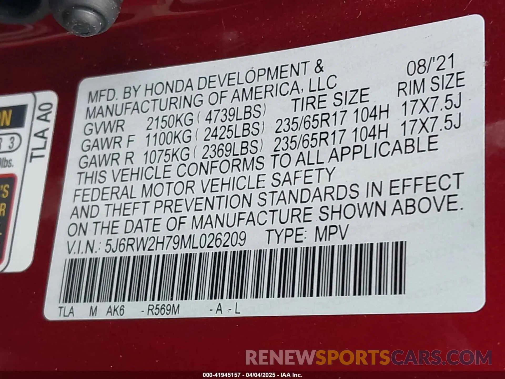 9 Photograph of a damaged car 5J6RW2H79ML026209 HONDA CR-V 2021