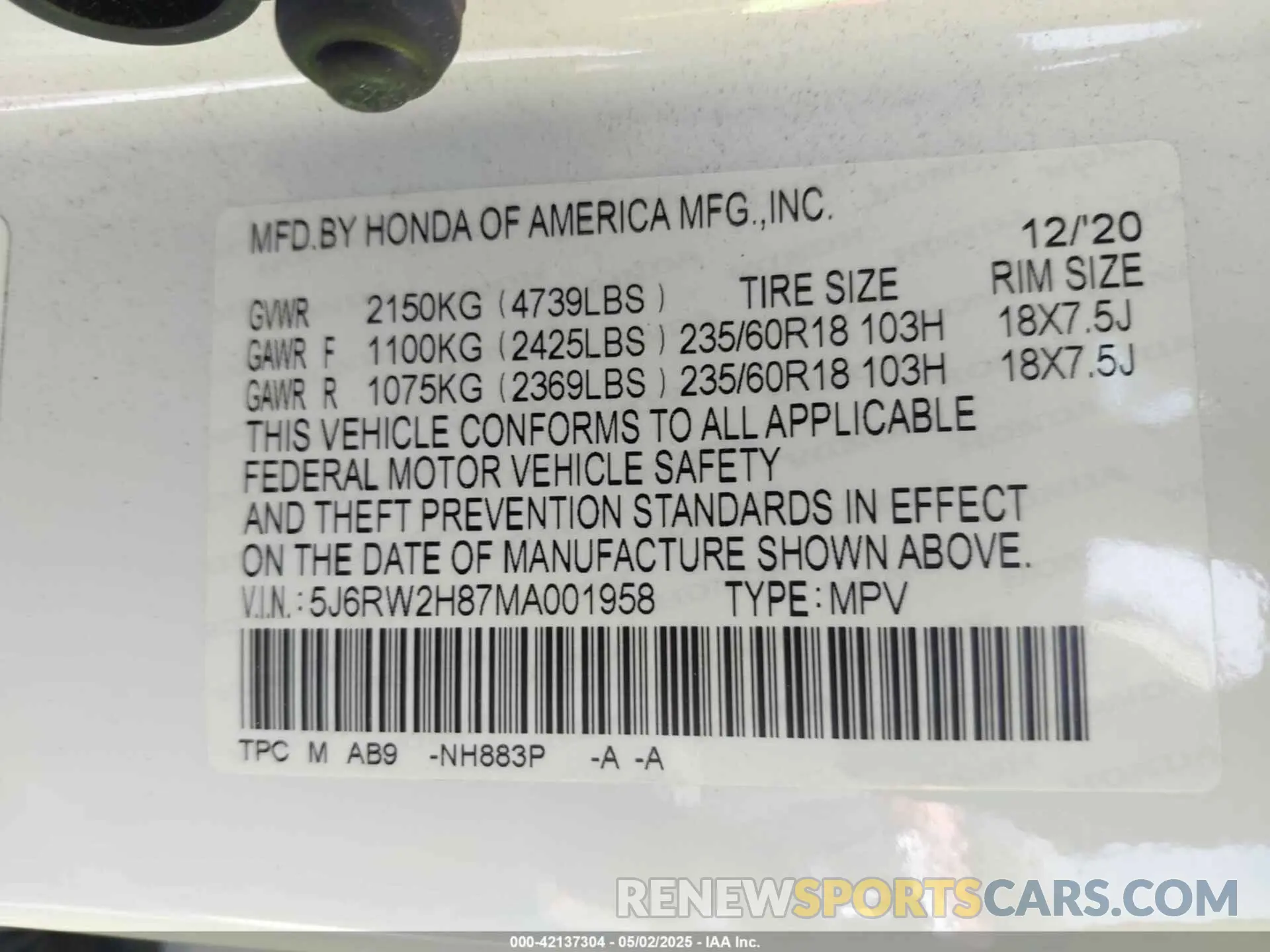 9 Photograph of a damaged car 5J6RW2H87MA001958 HONDA CR-V 2021