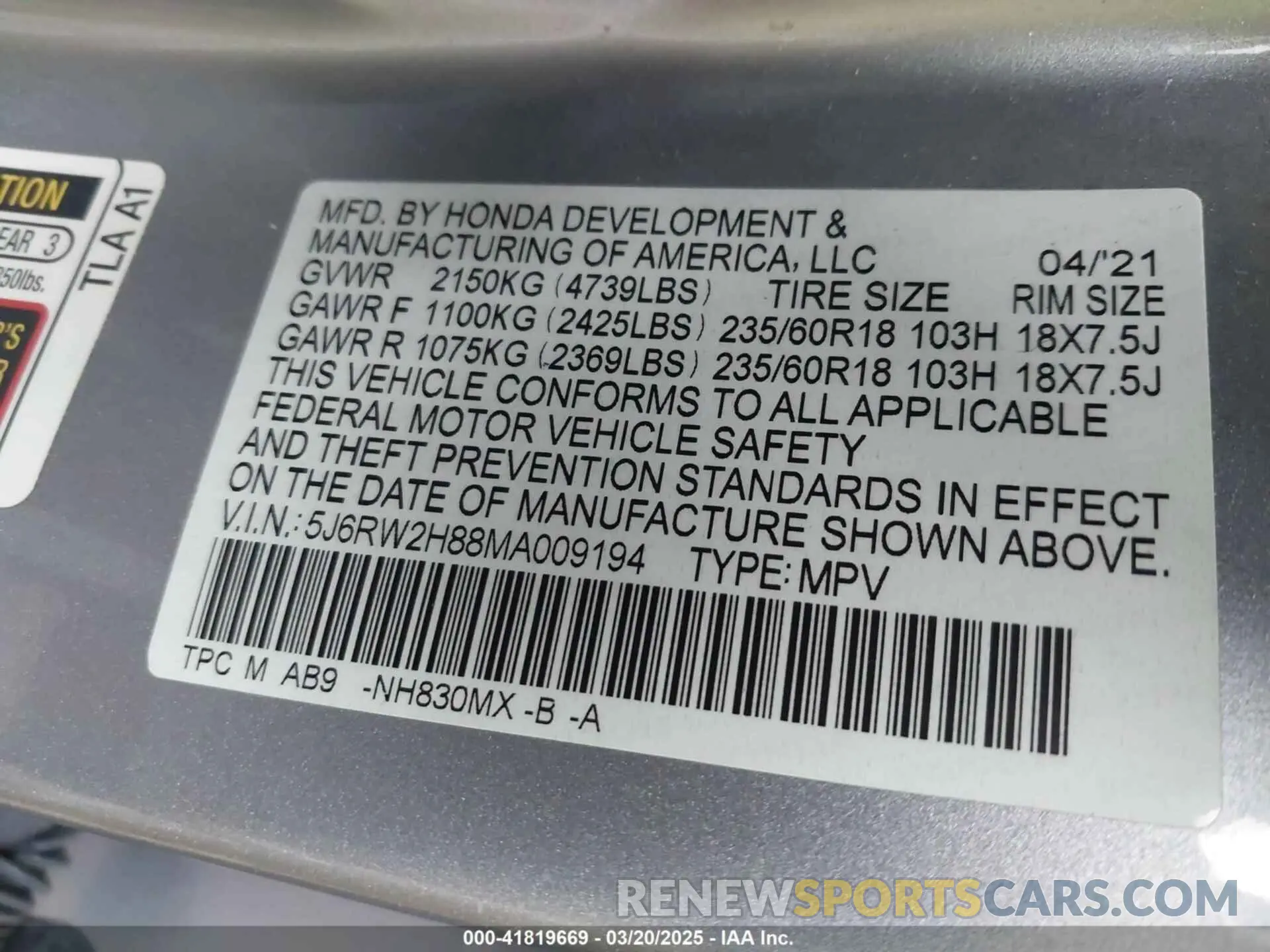 9 Photograph of a damaged car 5J6RW2H88MA009194 HONDA CR-V 2021