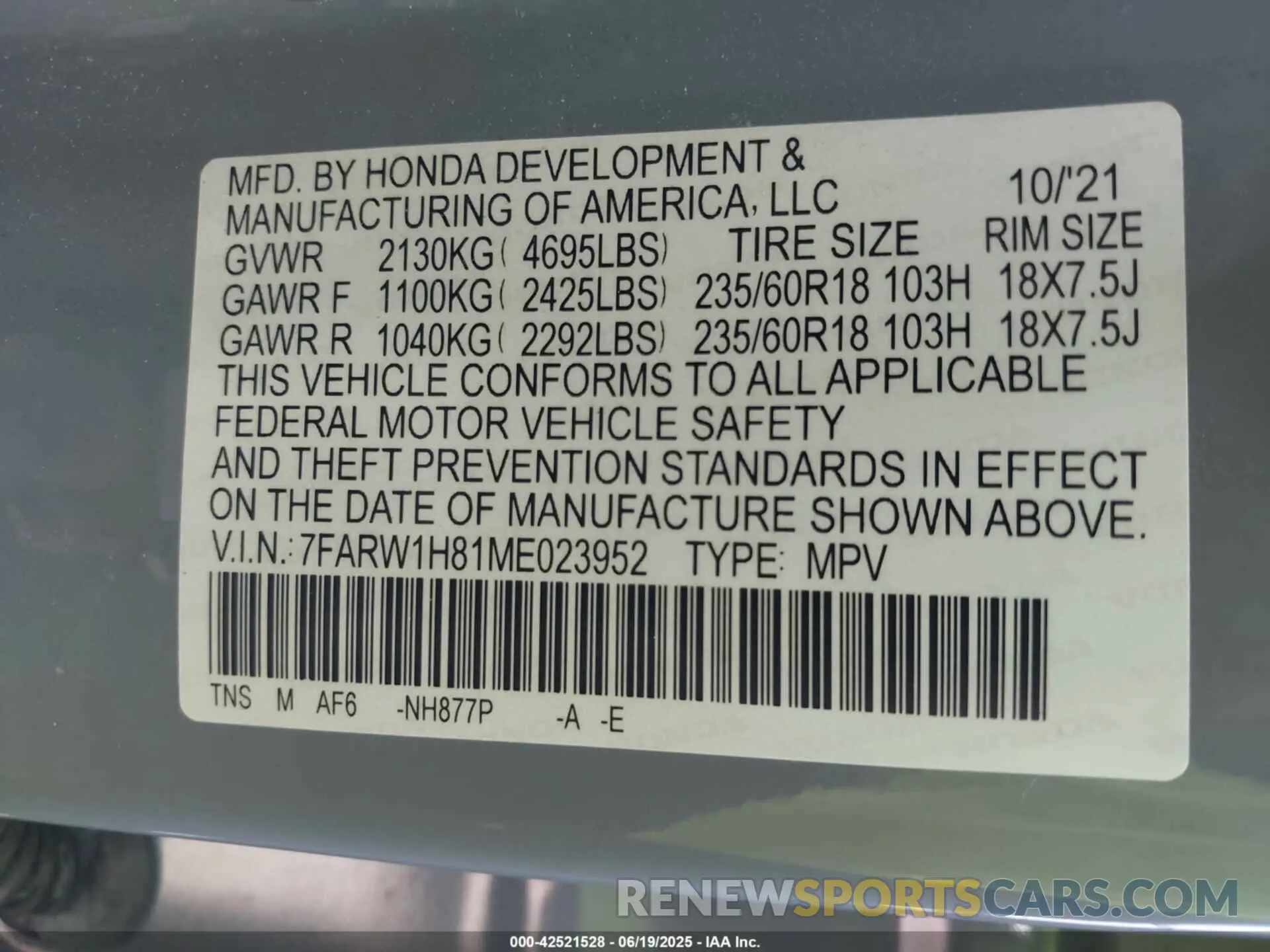 9 Photograph of a damaged car 7FARW1H81ME023952 HONDA CR-V 2021