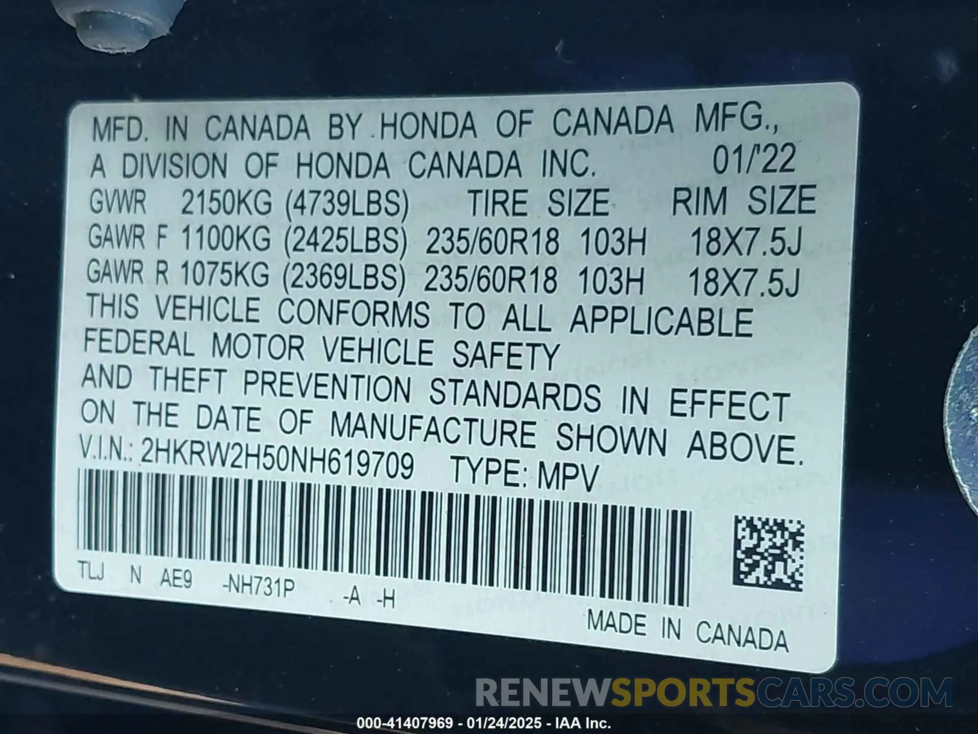 9 Photograph of a damaged car 2HKRW2H50NH619709 HONDA CR-V 2022