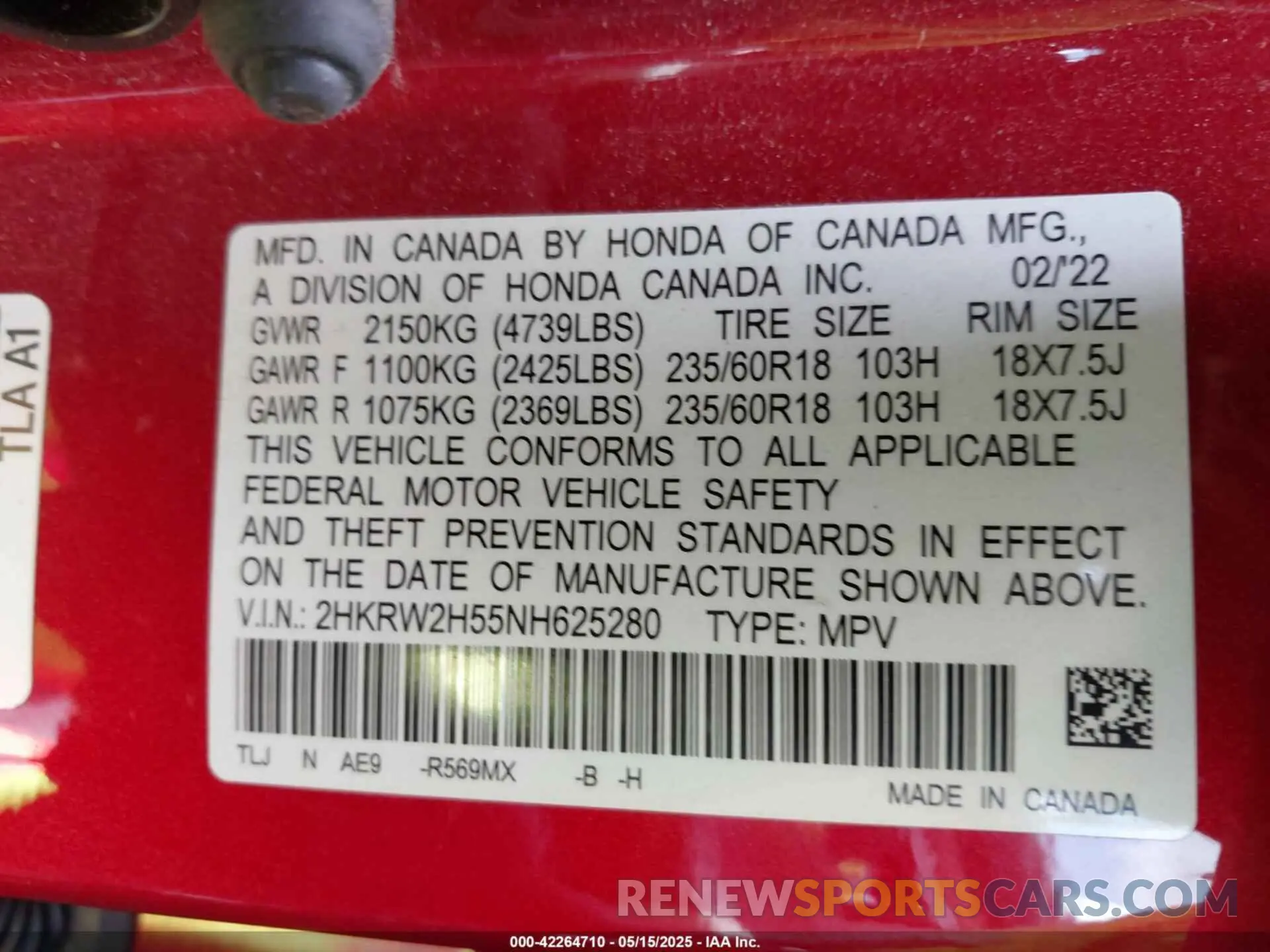 9 Photograph of a damaged car 2HKRW2H55NH625280 HONDA CR-V 2022