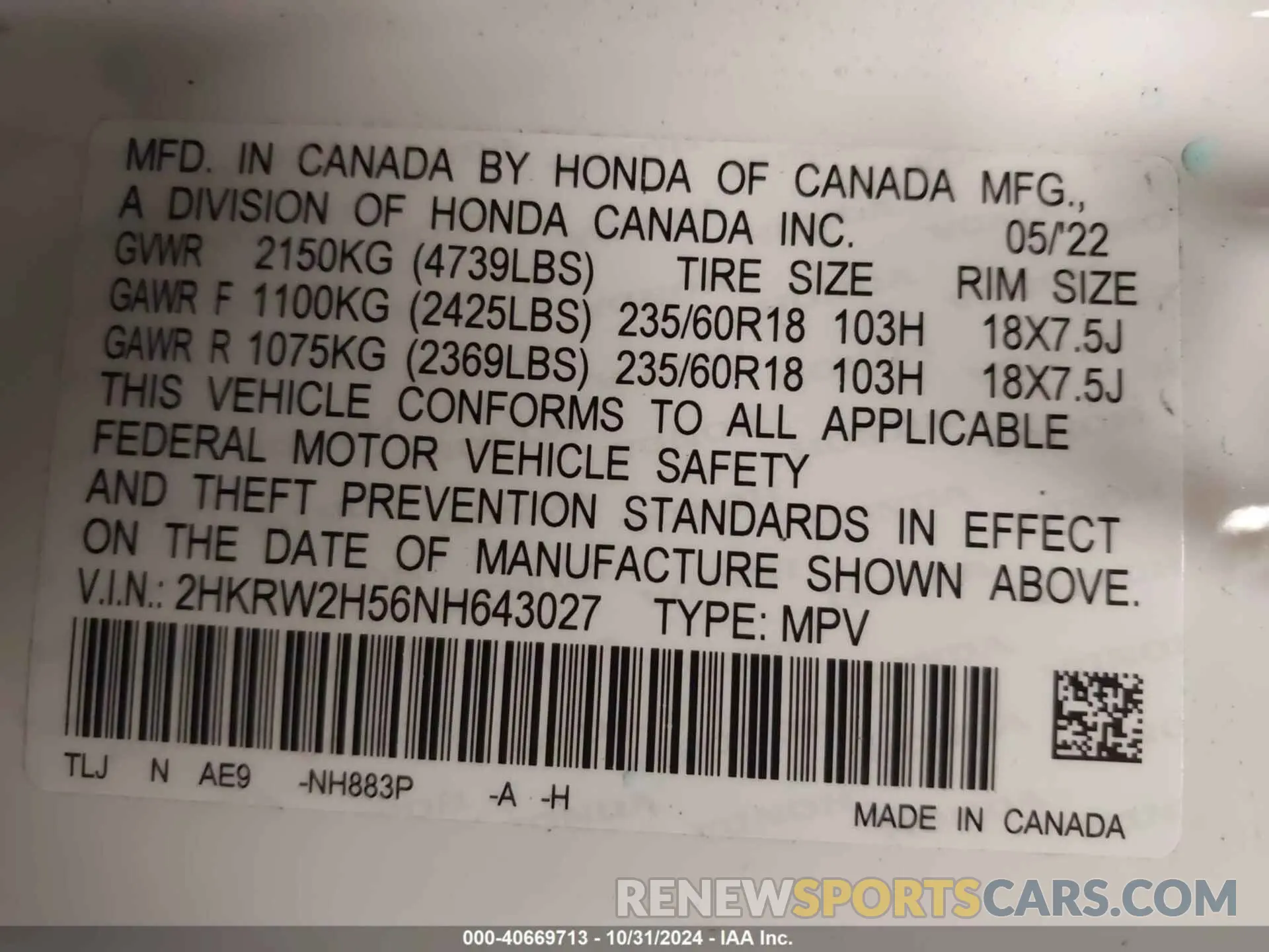 9 Photograph of a damaged car 2HKRW2H56NH643027 HONDA CR-V 2022