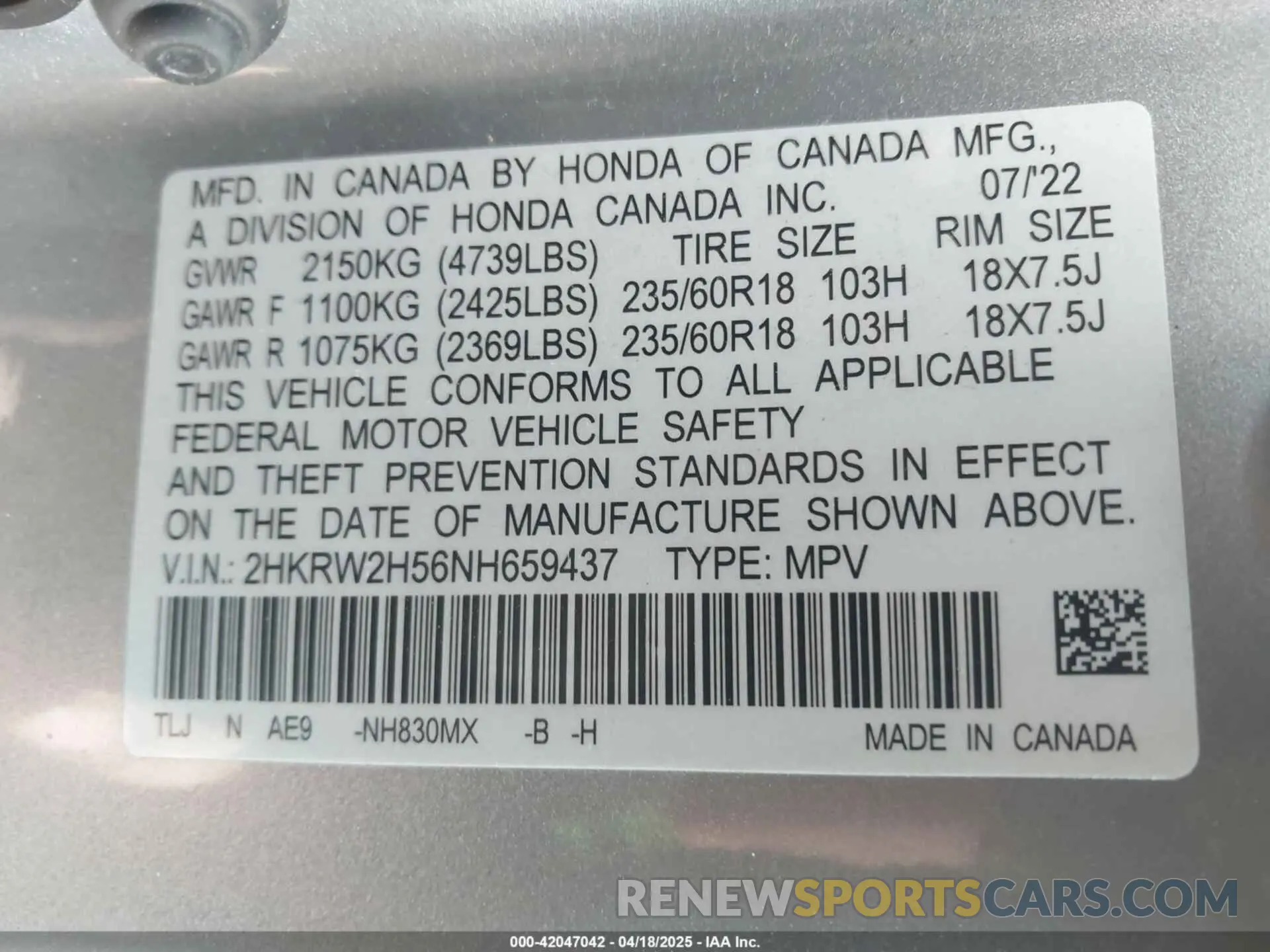 9 Photograph of a damaged car 2HKRW2H56NH659437 HONDA CR-V 2022