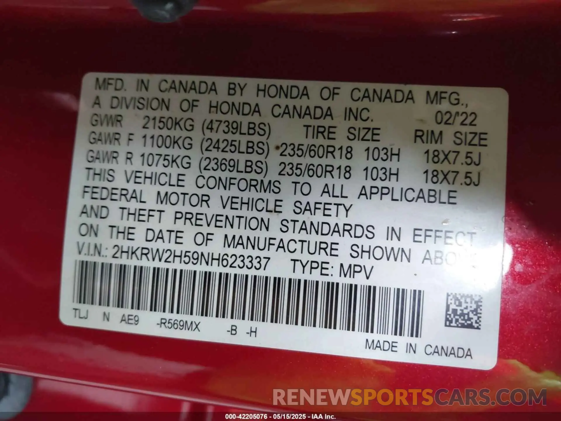 9 Photograph of a damaged car 2HKRW2H59NH623337 HONDA CR-V 2022