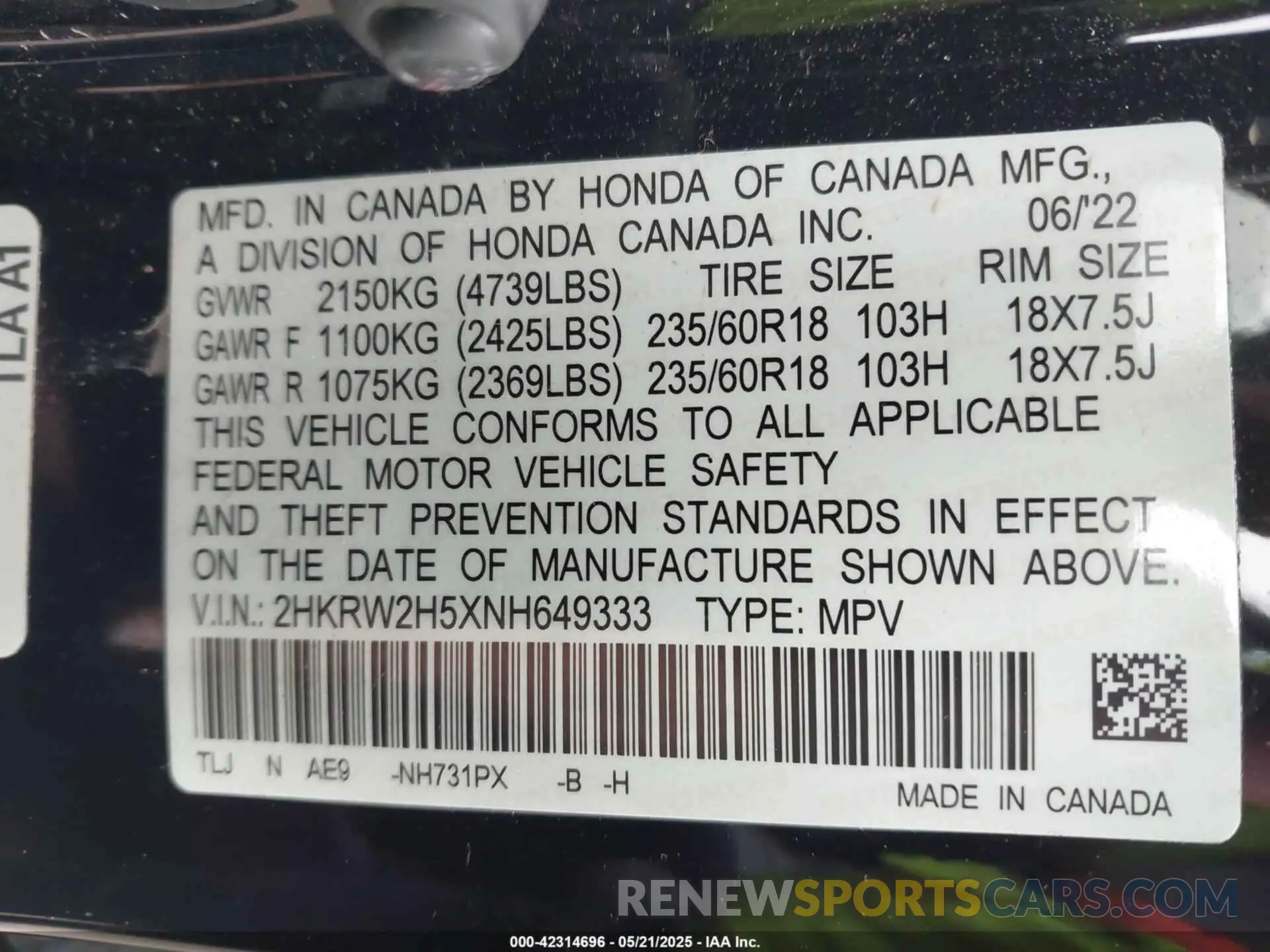 9 Photograph of a damaged car 2HKRW2H5XNH649333 HONDA CR-V 2022