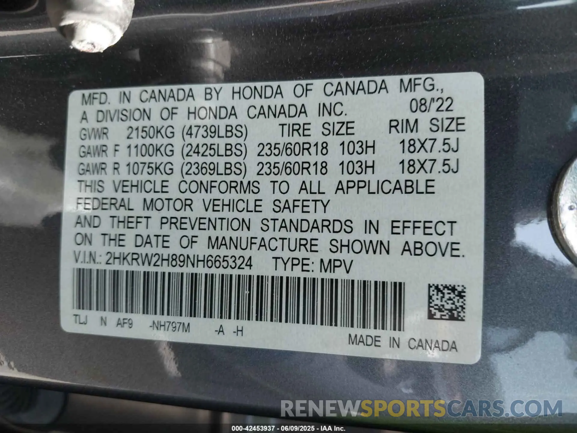 9 Photograph of a damaged car 2HKRW2H89NH665324 HONDA CR-V 2022