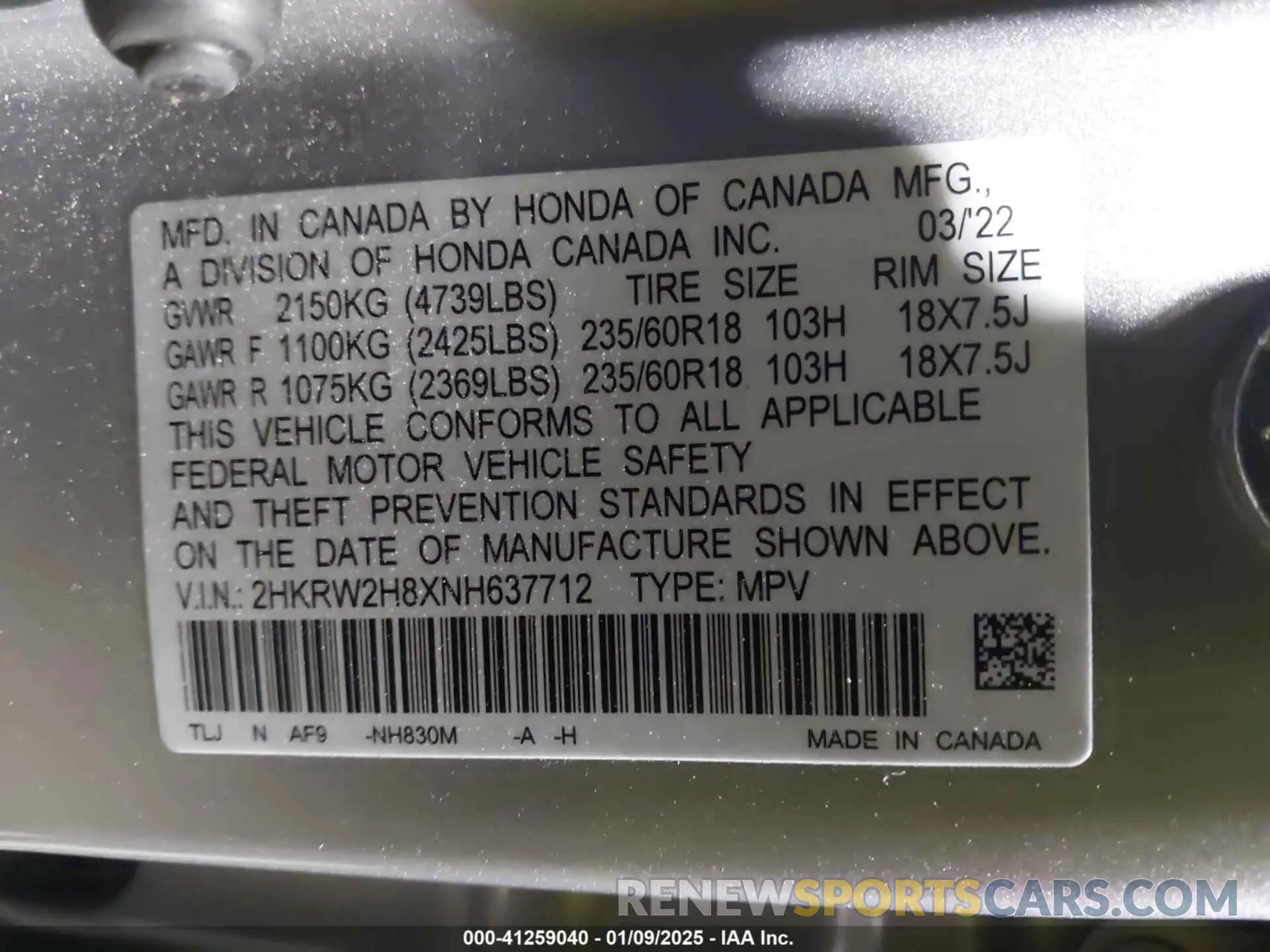9 Photograph of a damaged car 2HKRW2H8XNH637712 HONDA CR-V 2022