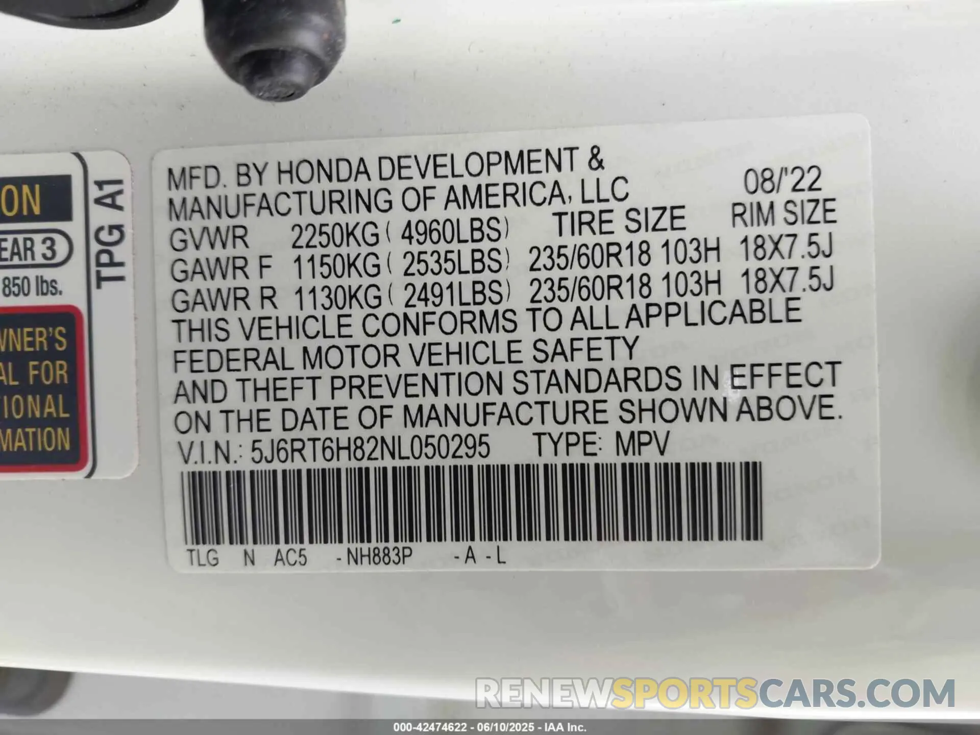 9 Photograph of a damaged car 5J6RT6H82NL050295 HONDA CR-V 2022